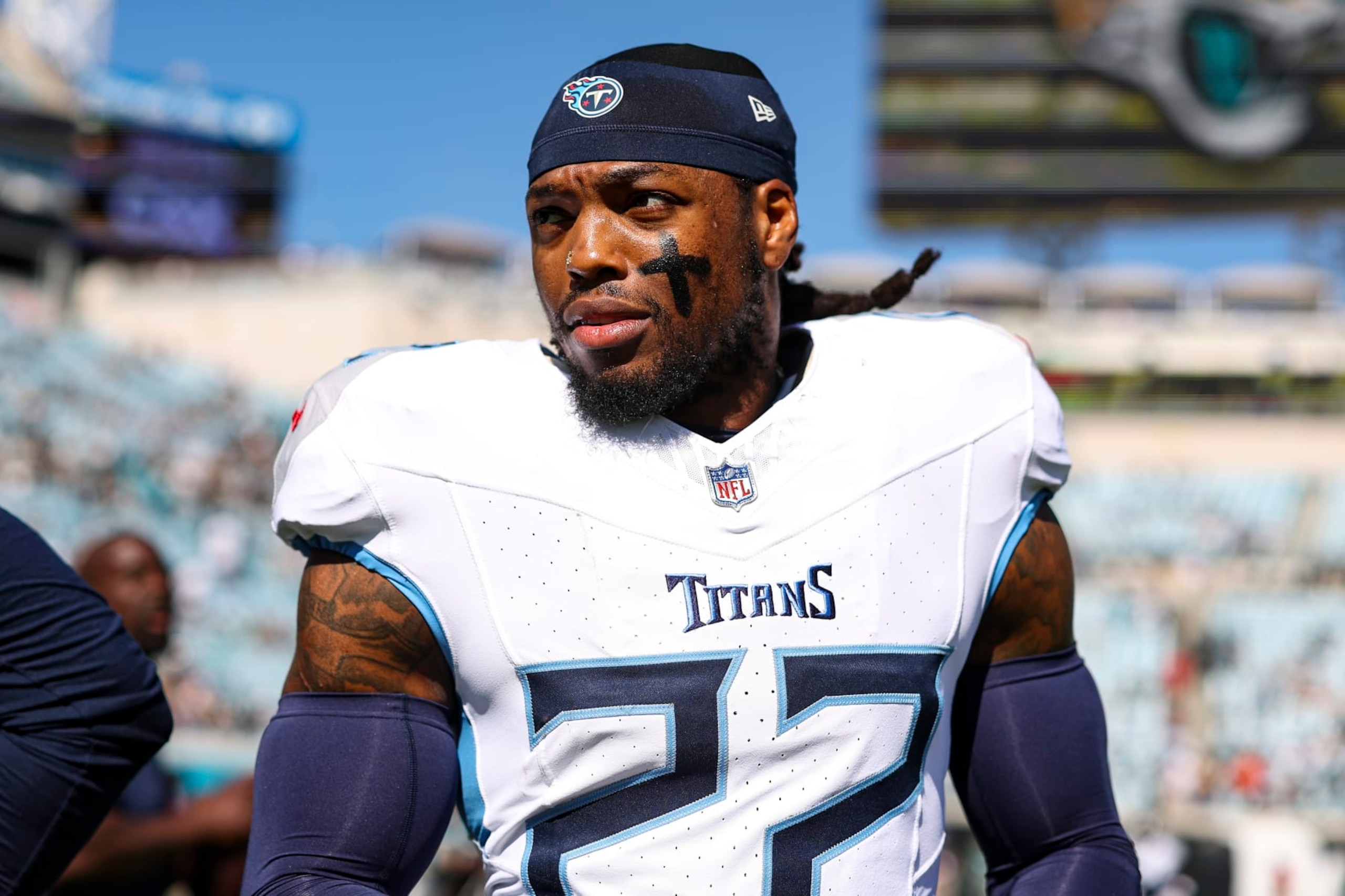 JACKSONVILLE, FL - NOVEMBER 19: Derrick Henry #22 of the Tennessee Titans warms up prior to an NFL football game against the Jacksonville Jaguars at EverBank Stadium on November 19, 2023 in Jacksonville, Florida. (Photo by Perry Knotts/Getty Images)
