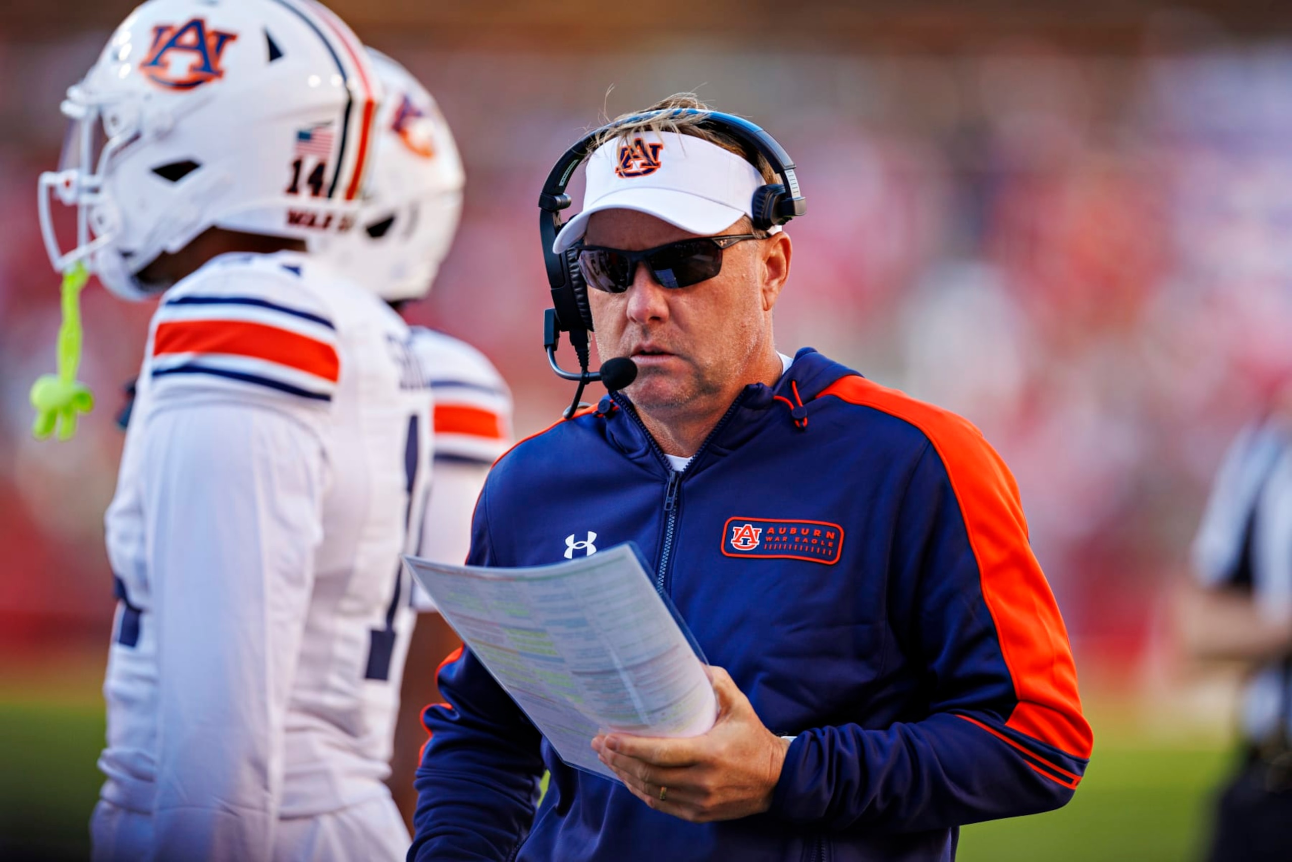 FAYETTEVILLE, ARKANSAS - NOVEMBER 11: Head Coach Hugh Freeze of the Auburn Tigers on the sidelines in the first half during the game against the Arkansas Razorback at Donald W. Reynolds Razorback Stadium on November 11, 2023 in Fayetteville, Arkansas. (Photo by Wesley Hitt/Getty Images)