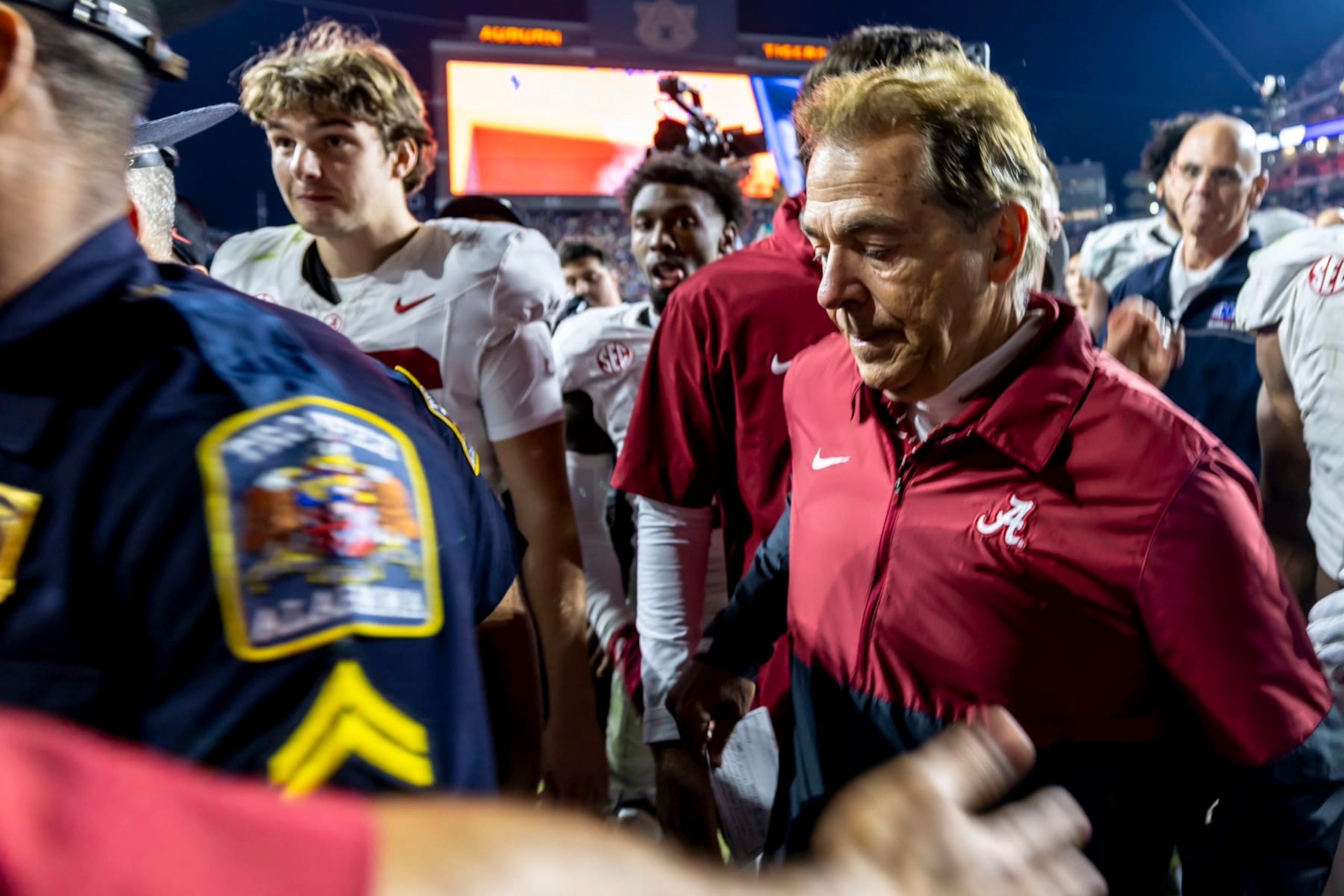 Alabama head coach Nick Saban, front right, departs the field after an NCAA college football game against Auburn, Saturday, Nov. 25, 2023, in Auburn, Ala. (AP Photo/Vasha Hunt) Alabama head coach Nick Saban, front right, departs the field after an NCAA college football game against Auburn, Saturday, Nov. 25, 2023, in Auburn, Ala. (AP Photo/Vasha Hunt)