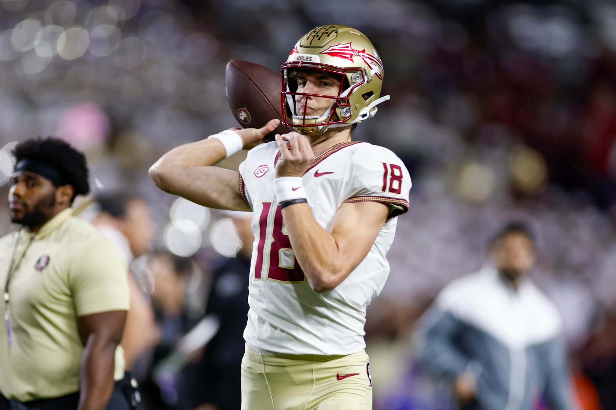 GAINESVILLE, FL - NOVEMBER 25: Florida State Seminoles quarterback Tate Rodemaker (18) warms up before the game between the Florida Gators and the Florida State Seminoles on November 25, 2023 at Ben Hill Griffin Stadium at Florida Field in Gainesville, Fl. (Photo by David Rosenblum/Icon Sportswire via Getty Images) GAINESVILLE, FL - NOVEMBER 25: Florida State Seminoles quarterback Tate Rodemaker (18) warms up before the game between the Florida Gators and the Florida State Seminoles on November 25, 2023 at Ben Hill Griffin Stadium at Florida Field in Gainesville, Fl. (Photo by David Rosenblum/Icon Sportswire via Getty Images)