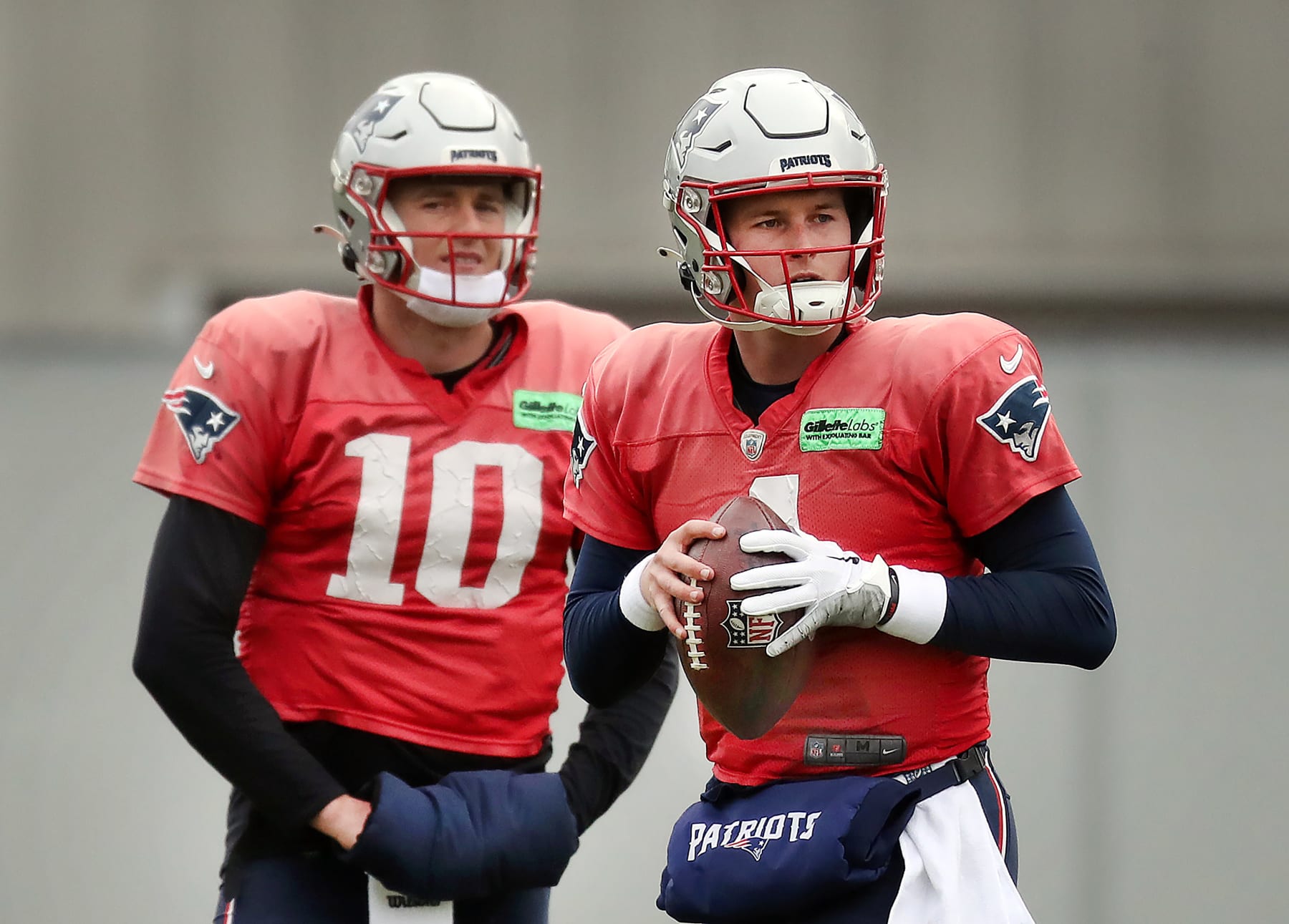 Foxborough, MA - November 21: New England Patriots QBs Mac Jones and Bailey Zappe. (Photo by John Tlumacki/The Boston Globe via Getty Images)