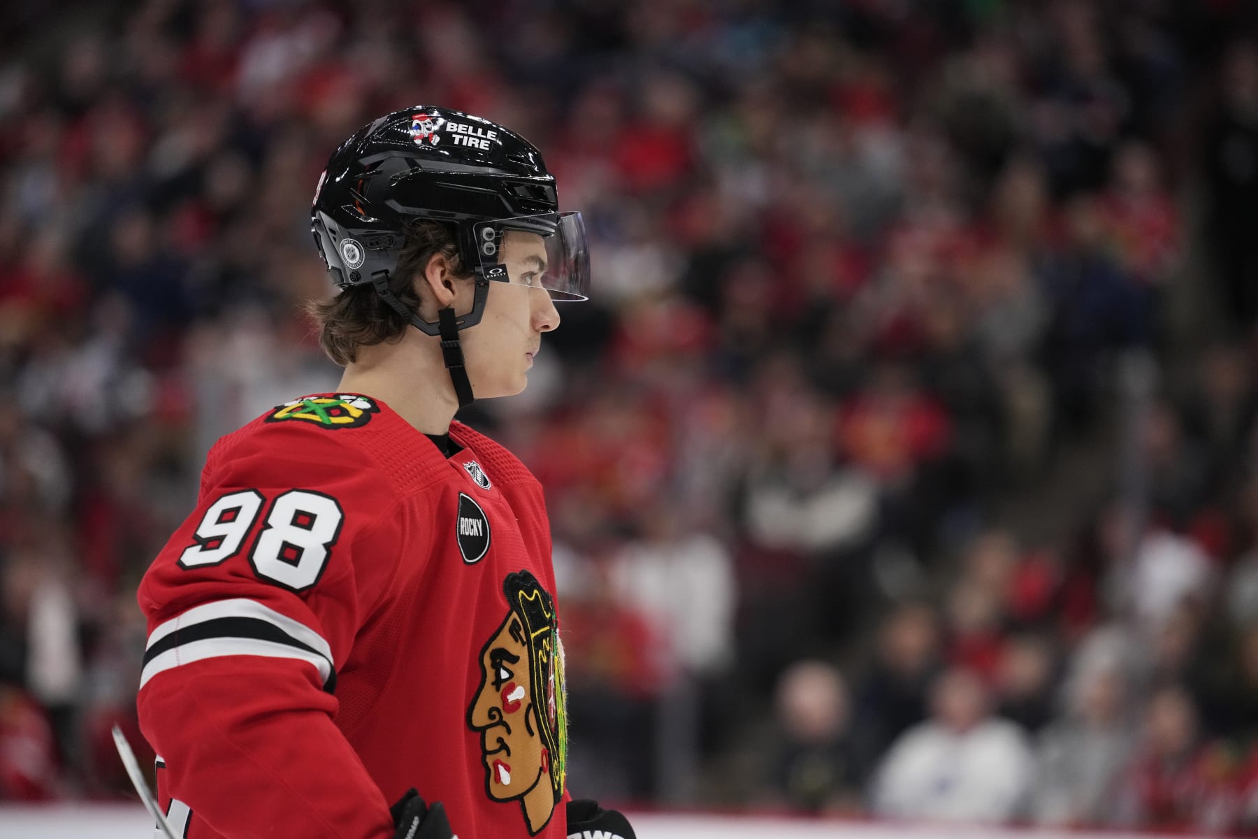 CHICAGO, ILLINOIS - NOVEMBER 24: Connor Bedard #98 of the Chicago Blackhawks skates in overtime against the Toronto Maple Leafs at the United Center on November 24, 2023 in Chicago, Illinois. (Photo by Patrick McDermott/Getty Images)