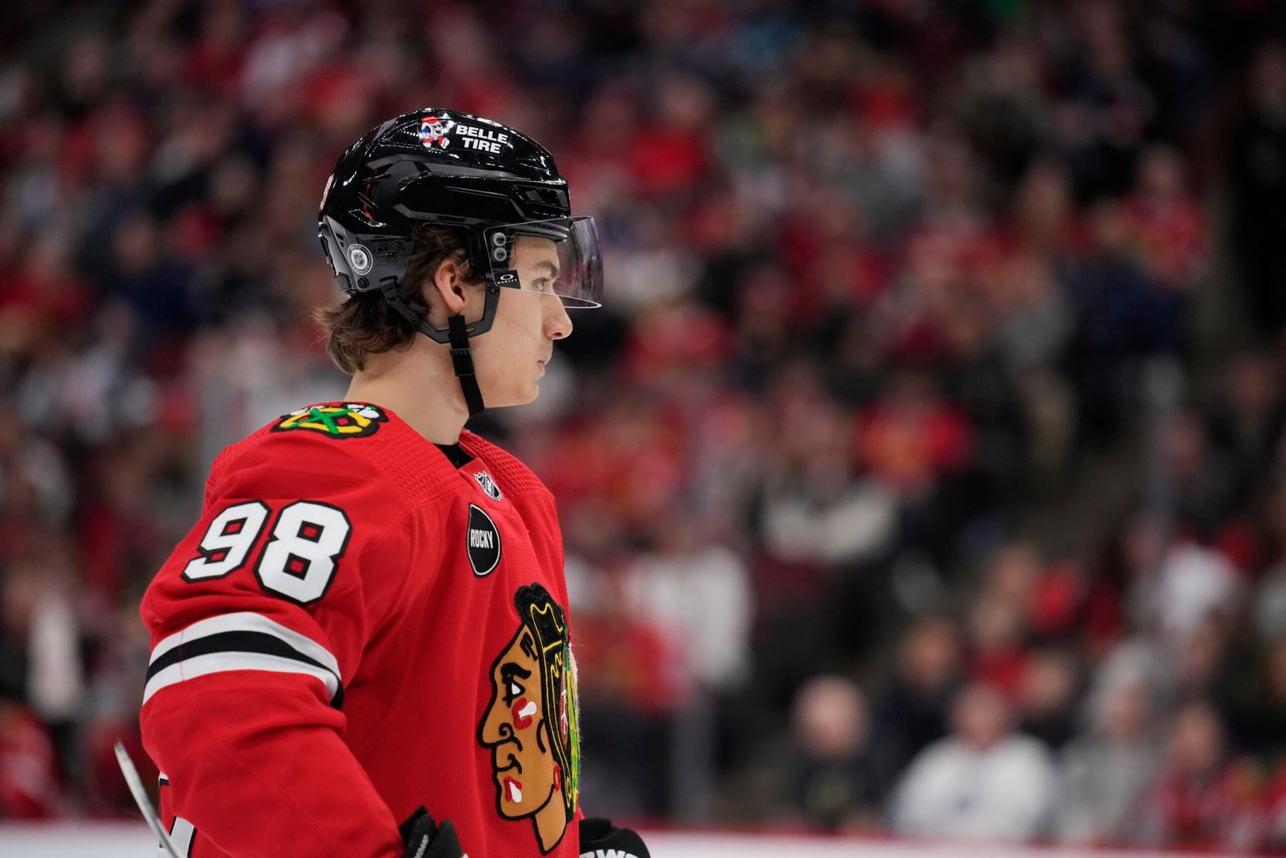 CHICAGO, ILLINOIS - NOVEMBER 24: Connor Bedard #98 of the Chicago Blackhawks skates in overtime against the Toronto Maple Leafs at the United Center on November 24, 2023 in Chicago, Illinois. (Photo by Patrick McDermott/Getty Images)