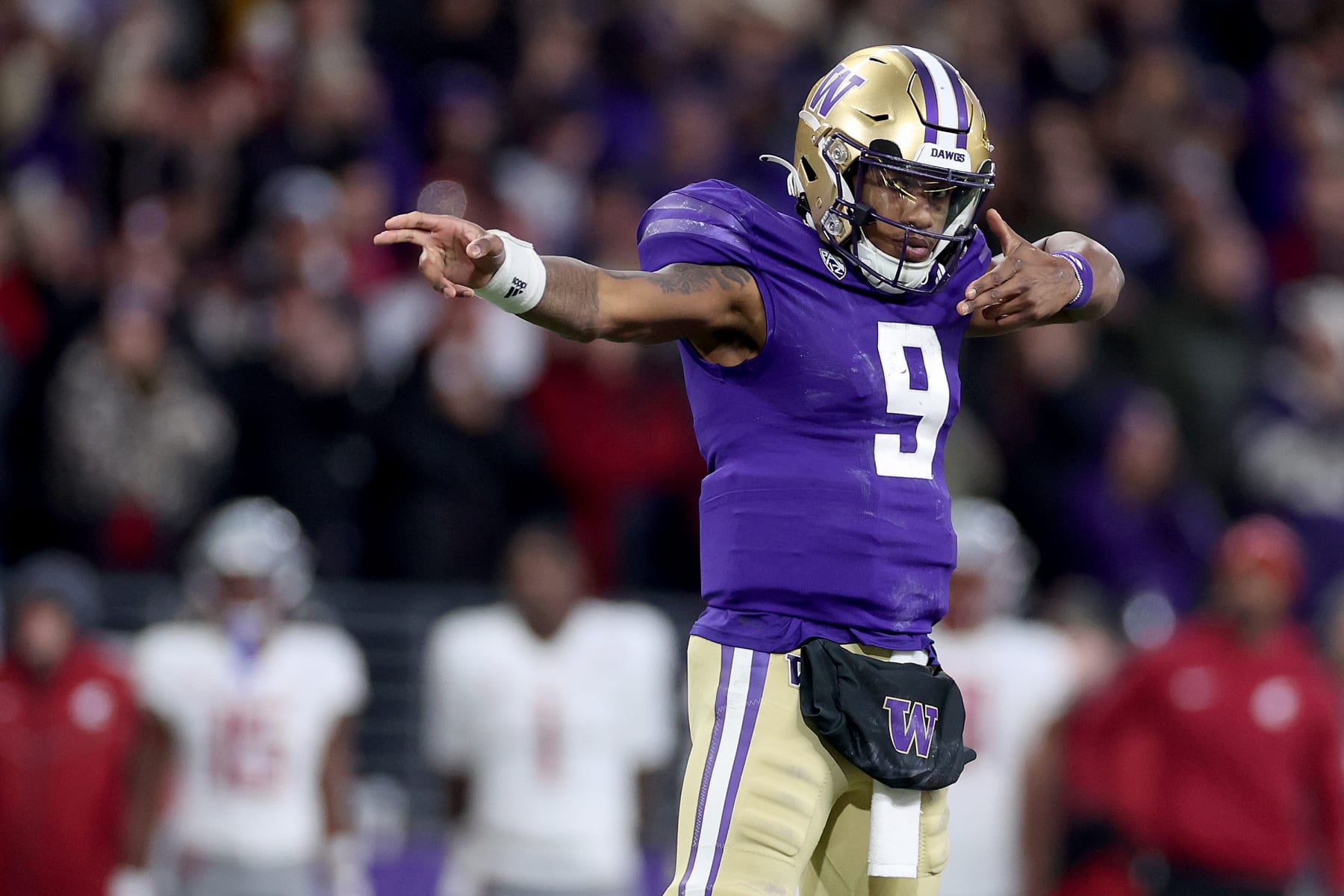 SEATTLE, WASHINGTON - NOVEMBER 25: Michael Penix Jr. #9 of the Washington Huskies reacts after a first down against the Washington State Cougars during the fourth quarter at Husky Stadium on November 25, 2023 in Seattle, Washington. (Photo by Steph Chambers/Getty Images)