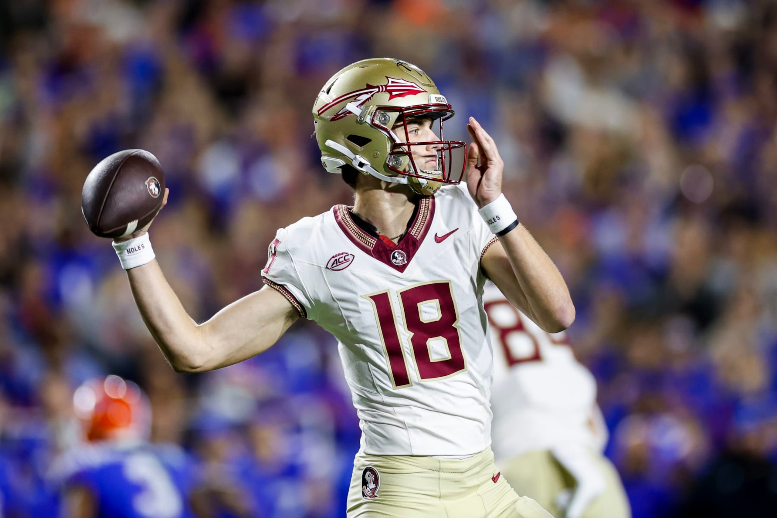 GAINESVILLE, FLORIDA - NOVEMBER 25: Tate Rodemaker #18 of the Florida State Seminoles throws a pass during the first half of a game against the Florida Gators at Ben Hill Griffin Stadium on November 25, 2023 in Gainesville, Florida. (Photo by James Gilbert/Getty Images) GAINESVILLE, FLORIDA - NOVEMBER 25: Tate Rodemaker #18 of the Florida State Seminoles throws a pass during the first half of a game against the Florida Gators at Ben Hill Griffin Stadium on November 25, 2023 in Gainesville, Florida. (Photo by James Gilbert/Getty Images)