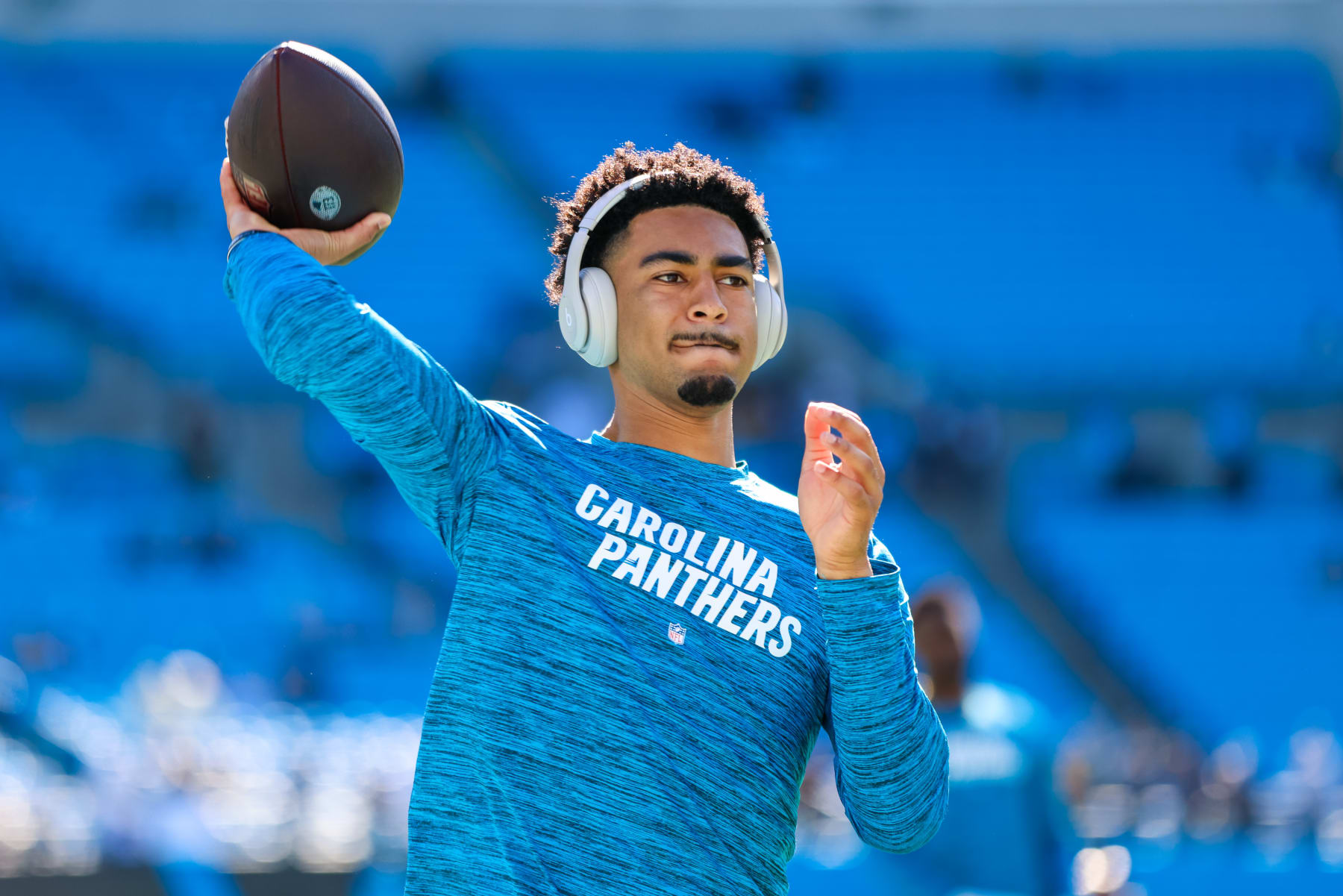 CHARLOTTE, NORTH CAROLINA - NOVEMBER 19: Bryce Young #9 of the Carolina Panthers warms up before an NFL game against the Dallas Cowboys at Bank of America Stadium on November 19, 2023 in Charlotte, North Carolina. (Photo by David Jensen/Getty Images)
