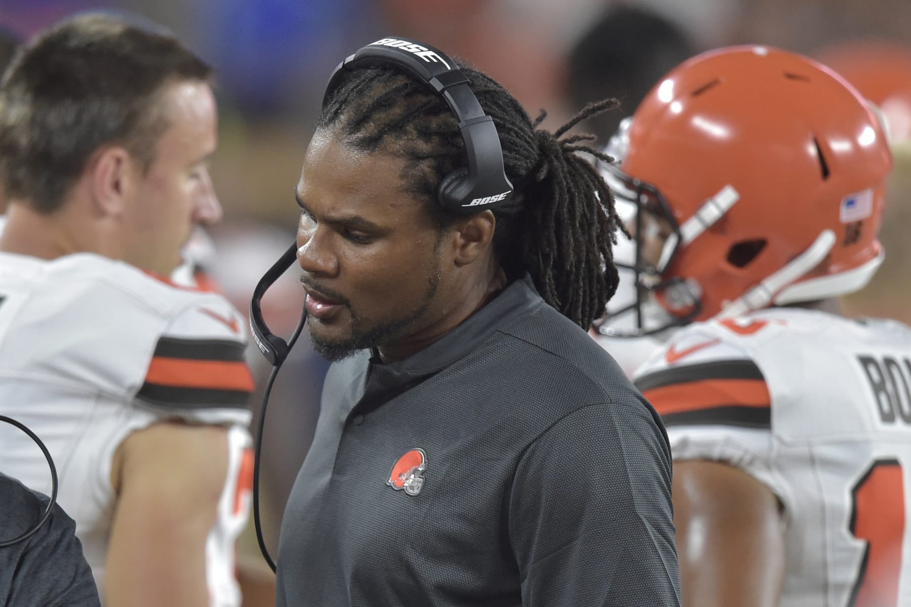 Cleveland Browns special teams coaching intern Josh Cribbs stands on the sideline during an NFL football preseason game against the Buffalo Bills, Friday, Aug. 17, 2018, in Cleveland. Buffalo won 19-17. (AP Photo/David Richard)