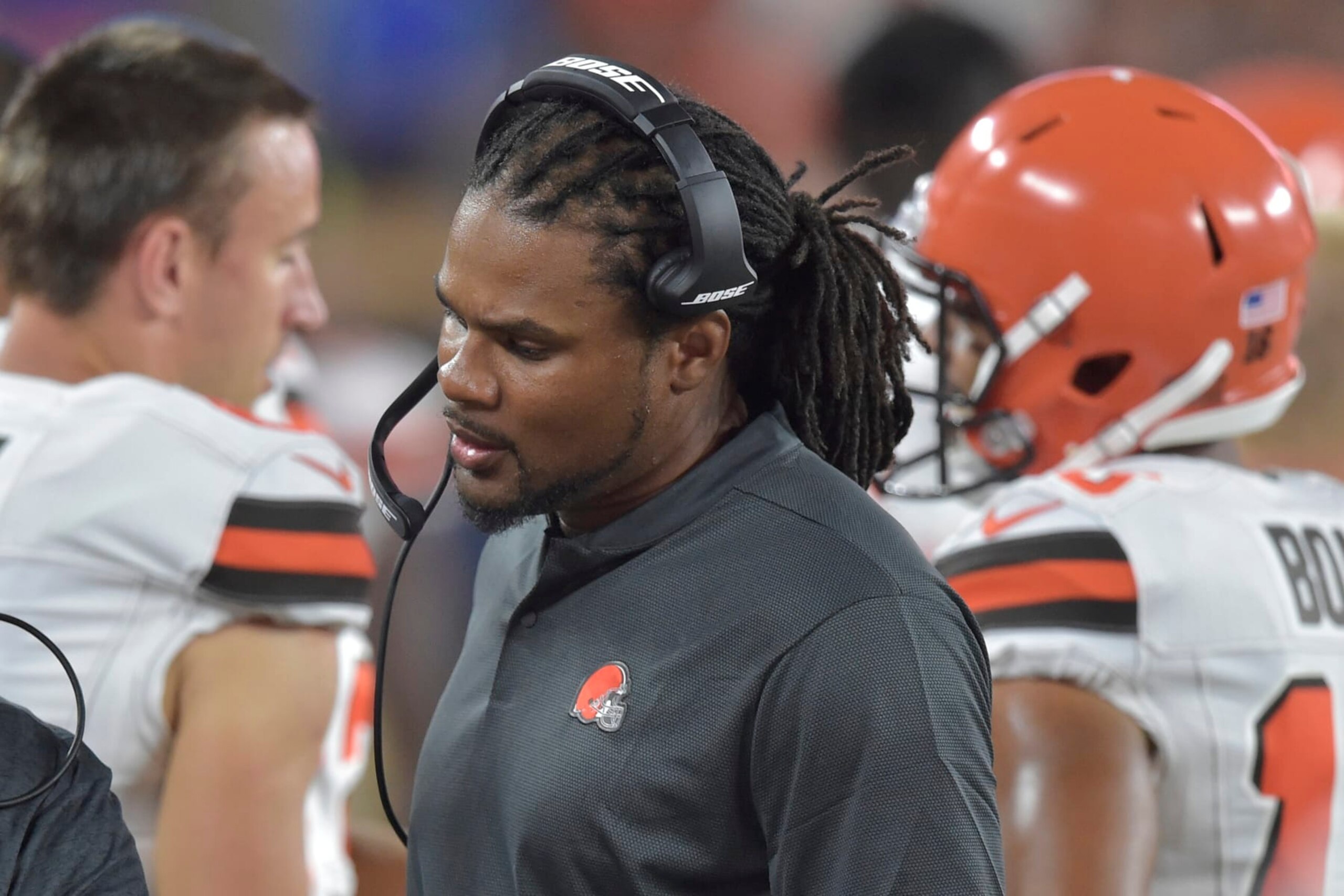 Cleveland Browns special teams coaching intern Josh Cribbs stands on the sideline during an NFL football preseason game against the Buffalo Bills, Friday, Aug. 17, 2018, in Cleveland. Buffalo won 19-17. (AP Photo/David Richard)