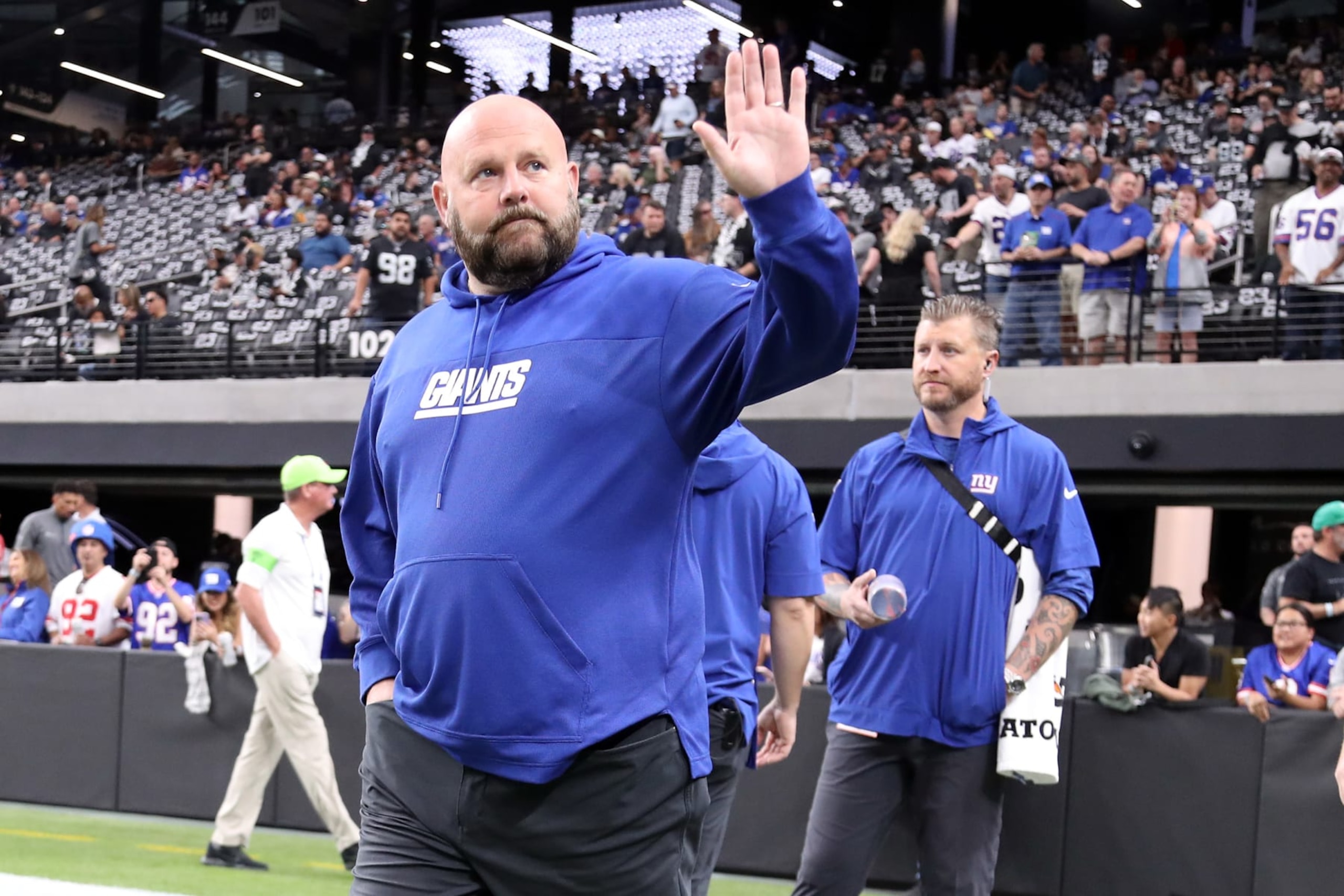 LAS VEGAS, NEVADA - NOVEMBER 05: Head Coach Brian Daboll of the New York Giants takes the field before a game against the Las Vegas Raiders at Allegiant Stadium on November 05, 2023 in Las Vegas, Nevada. (Photo by Ian Maule/Getty Images)