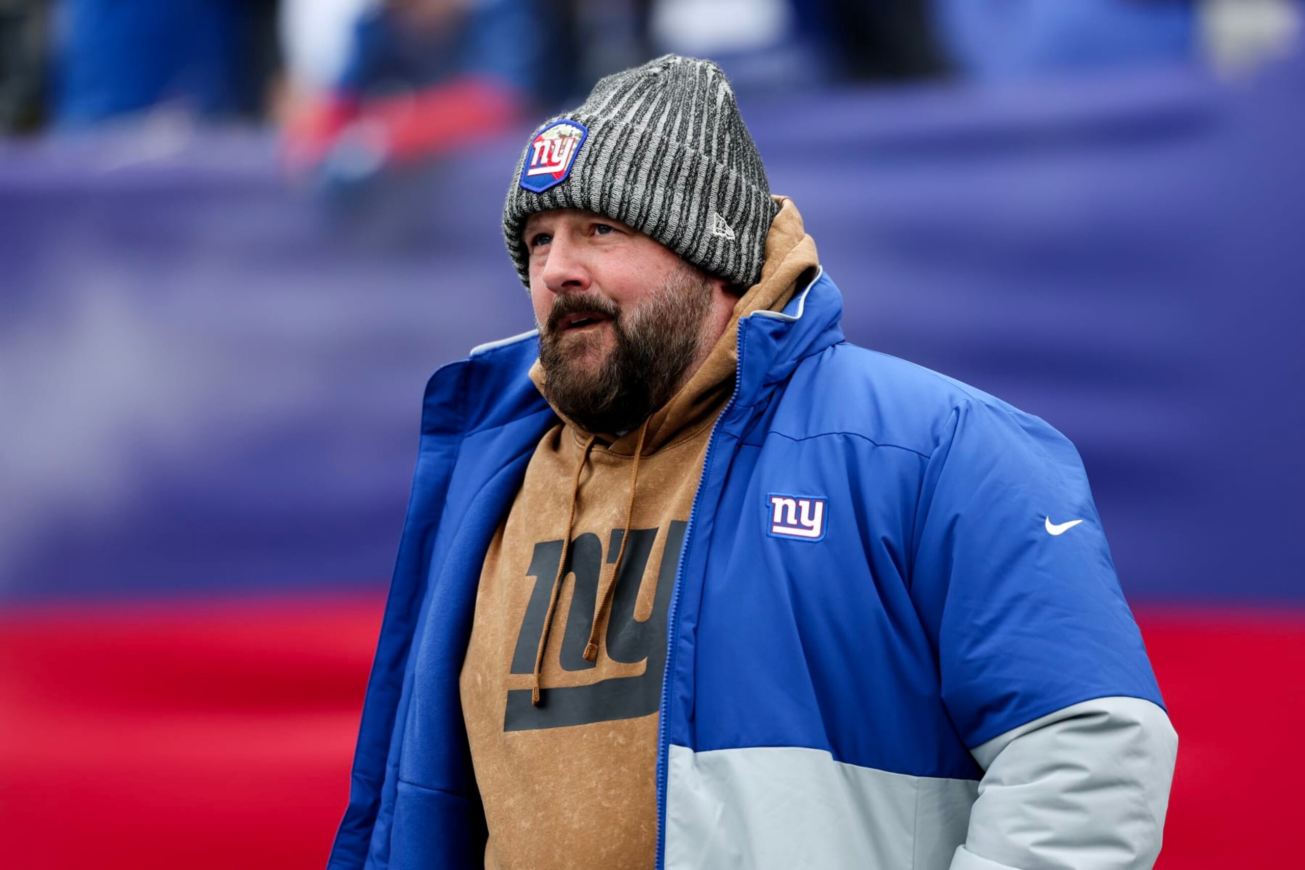 EAST RUTHERFORD, NEW JERSEY - NOVEMBER 26: Head coach Brian Daboll of the New York Giants looks on prior to a game against the New England Patriots at MetLife Stadium on November 26, 2023 in East Rutherford, New Jersey. (Photo by Al Bello/Getty Images)