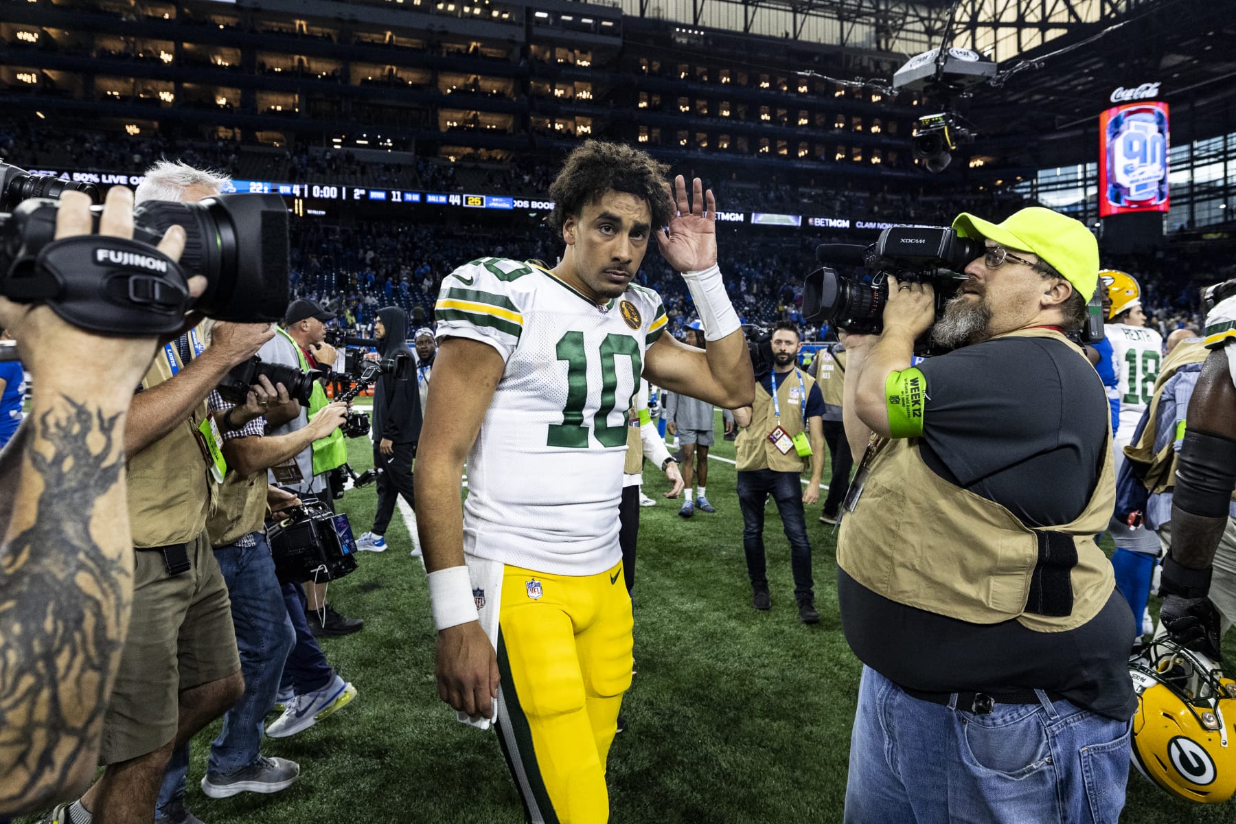 DETROIT, MICHIGAN - NOVEMBER 23: Jordan Love #10 of the Green Bay Packers walks through the crowd after the win against the Detroit Lions at Ford Field on November 23, 2023 in Detroit, Michigan. The Packers beat the Lions 29-22. (Photo by Lauren Leigh Bacho/Getty Images) DETROIT, MICHIGAN - NOVEMBER 23: Jordan Love #10 of the Green Bay Packers walks through the crowd after the win against the Detroit Lions at Ford Field on November 23, 2023 in Detroit, Michigan. The Packers beat the Lions 29-22. (Photo by Lauren Leigh Bacho/Getty Images)