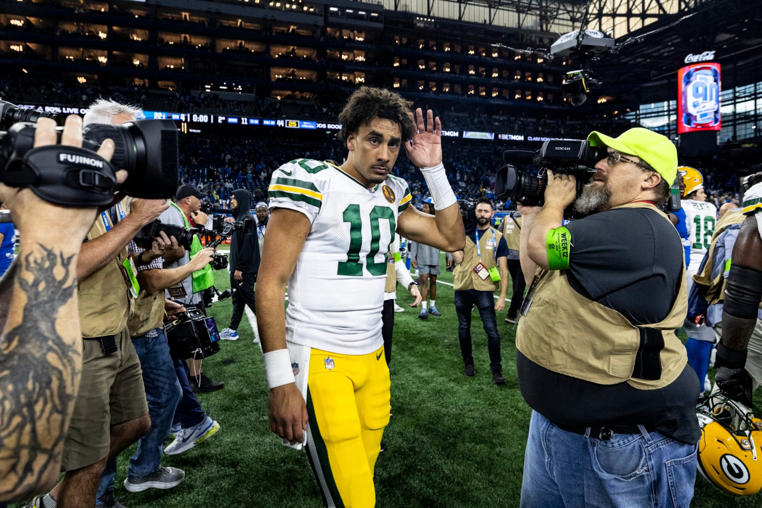 DETROIT, MICHIGAN - NOVEMBER 23: Jordan Love #10 of the Green Bay Packers walks through the crowd after the win against the Detroit Lions at Ford Field on November 23, 2023 in Detroit, Michigan. The Packers beat the Lions 29-22. (Photo by Lauren Leigh Bacho/Getty Images)
