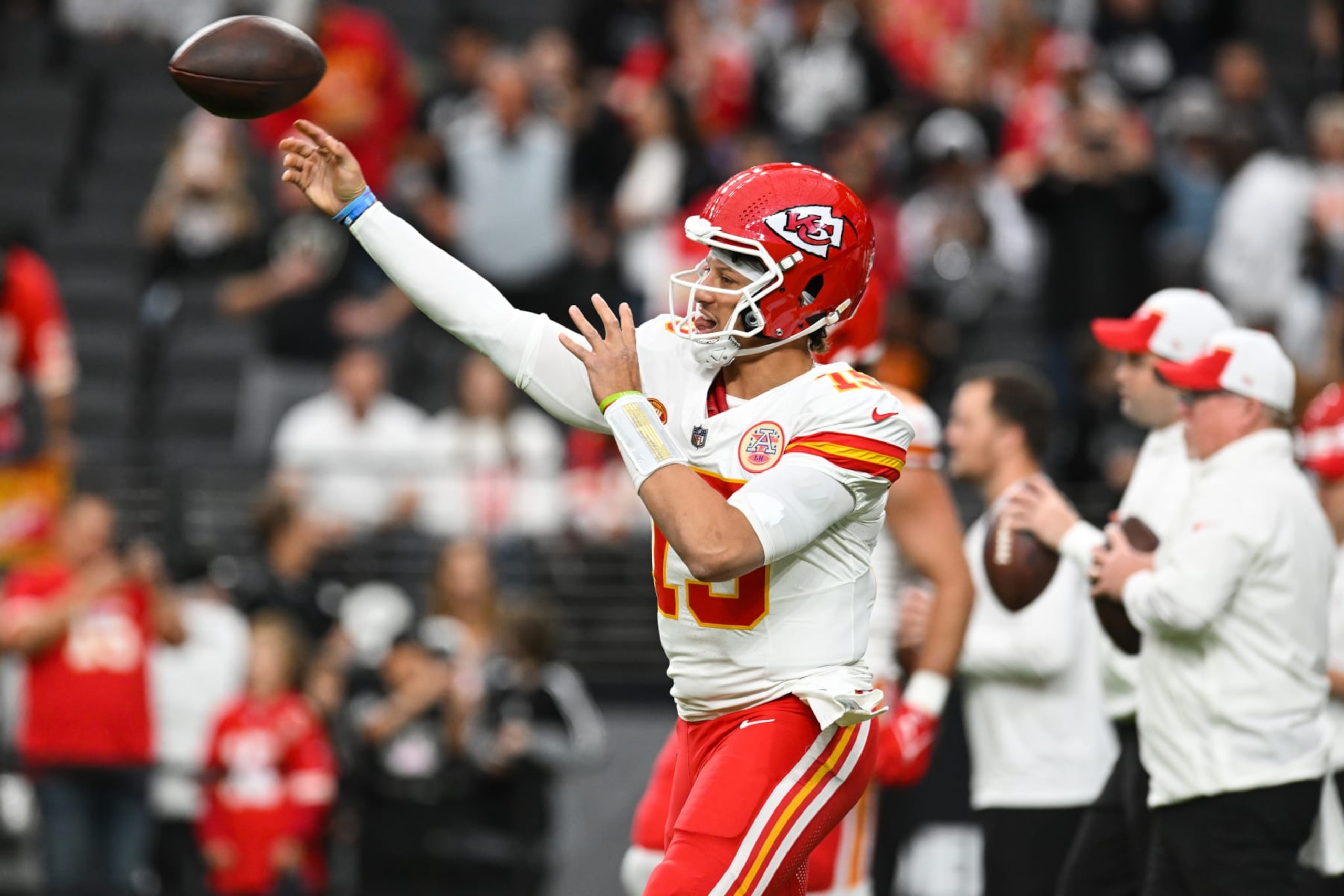 LAS VEGAS, NEVADA - NOVEMBER 26: Patrick Mahomes #15 of the Kansas City Chiefs throws a pass prior to a game against the Las Vegas Raiders at Allegiant Stadium on November 26, 2023 in Las Vegas, Nevada. (Photo by Candice Ward/Getty Images)