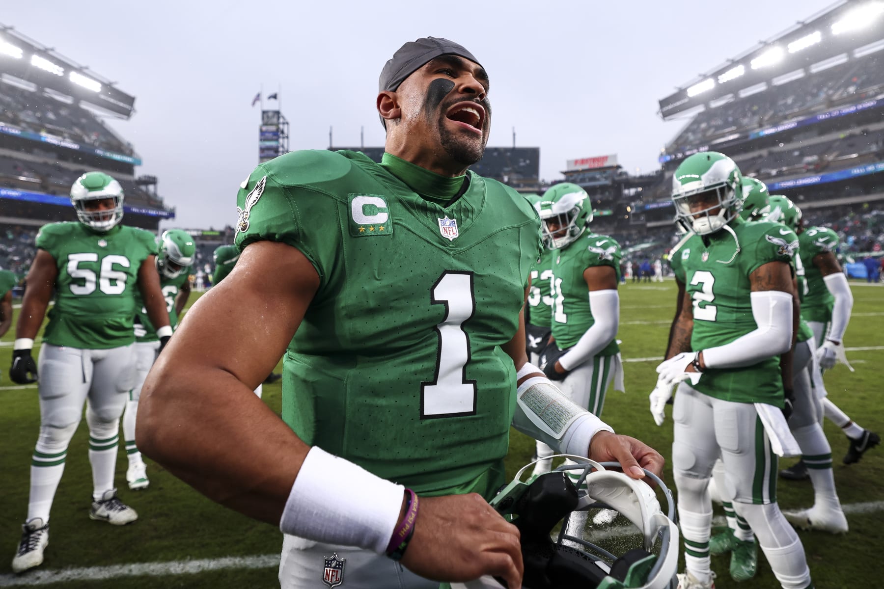 PHILADELPHIA, PA - NOVEMBER 26: Jalen Hurts #1 of the Philadelphia Eagles gives a speech in the team huddle prior to an NFL football game against the Buffalo Bills at Lincoln Financial Field on November 26, 2023 in Philadelphia, Pennsylvania. (Photo by Kevin Sabitus/Getty Images)