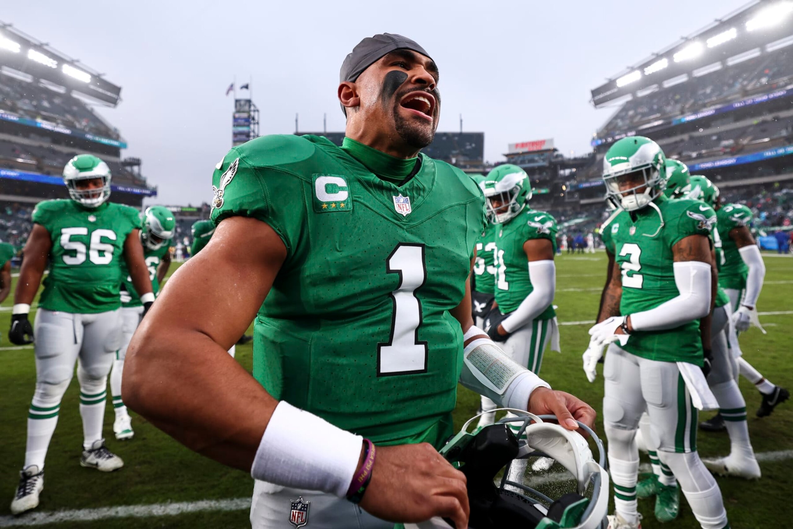 PHILADELPHIA, PA - NOVEMBER 26: Jalen Hurts #1 of the Philadelphia Eagles gives a speech in the team huddle prior to an NFL football game against the Buffalo Bills at Lincoln Financial Field on November 26, 2023 in Philadelphia, Pennsylvania. (Photo by Kevin Sabitus/Getty Images)