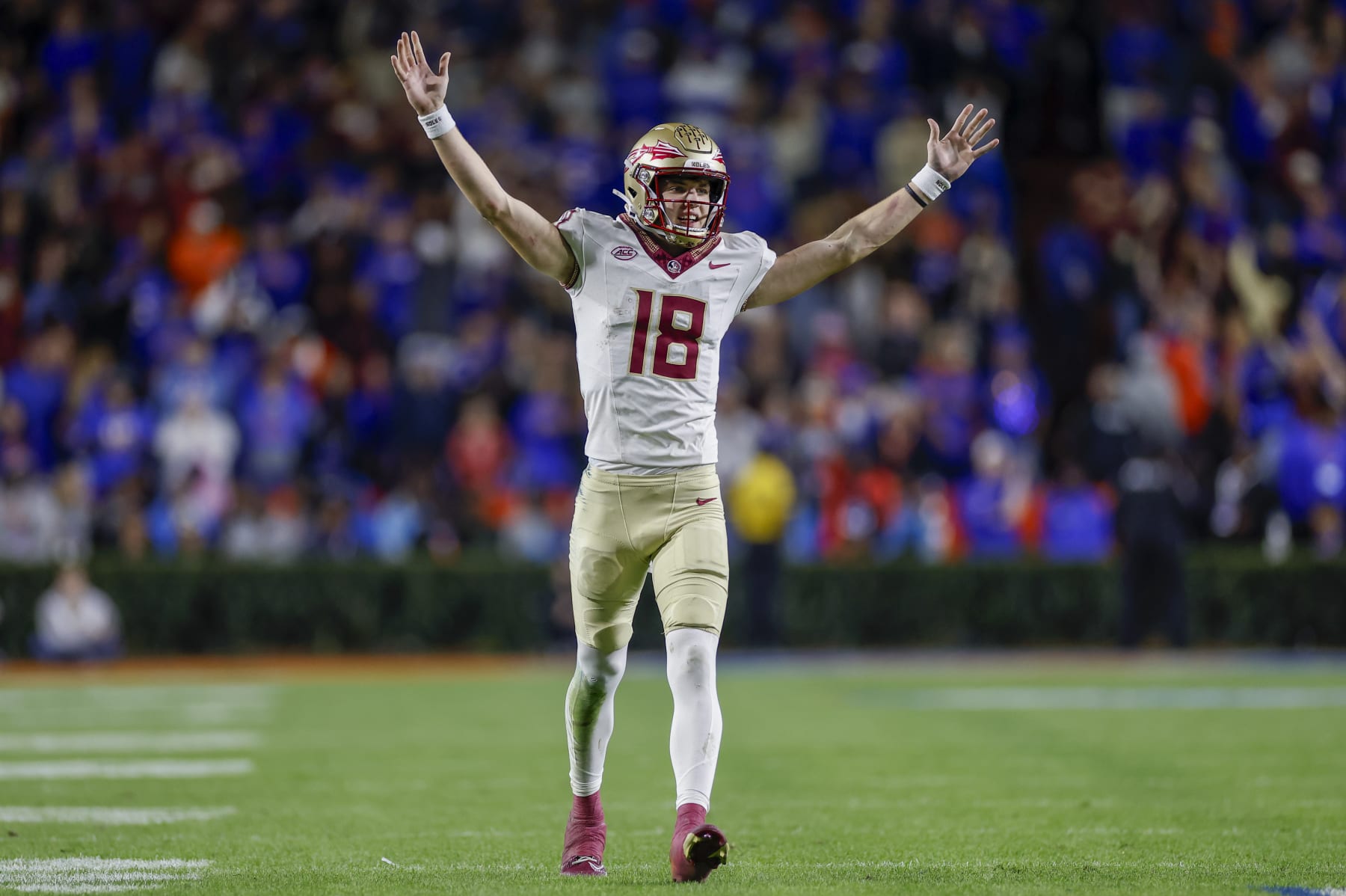GAINESVILLE, FL - NOVEMBER 25: Florida State Seminoles quarterback Tate Rodemaker (18) reacts after a play during the game between the Florida Gators and the Florida State Seminoles on November 25, 2023 at Ben Hill Griffin Stadium at Florida Field in Gainesville, Fl. (Photo by David Rosenblum/Icon Sportswire via Getty Images)