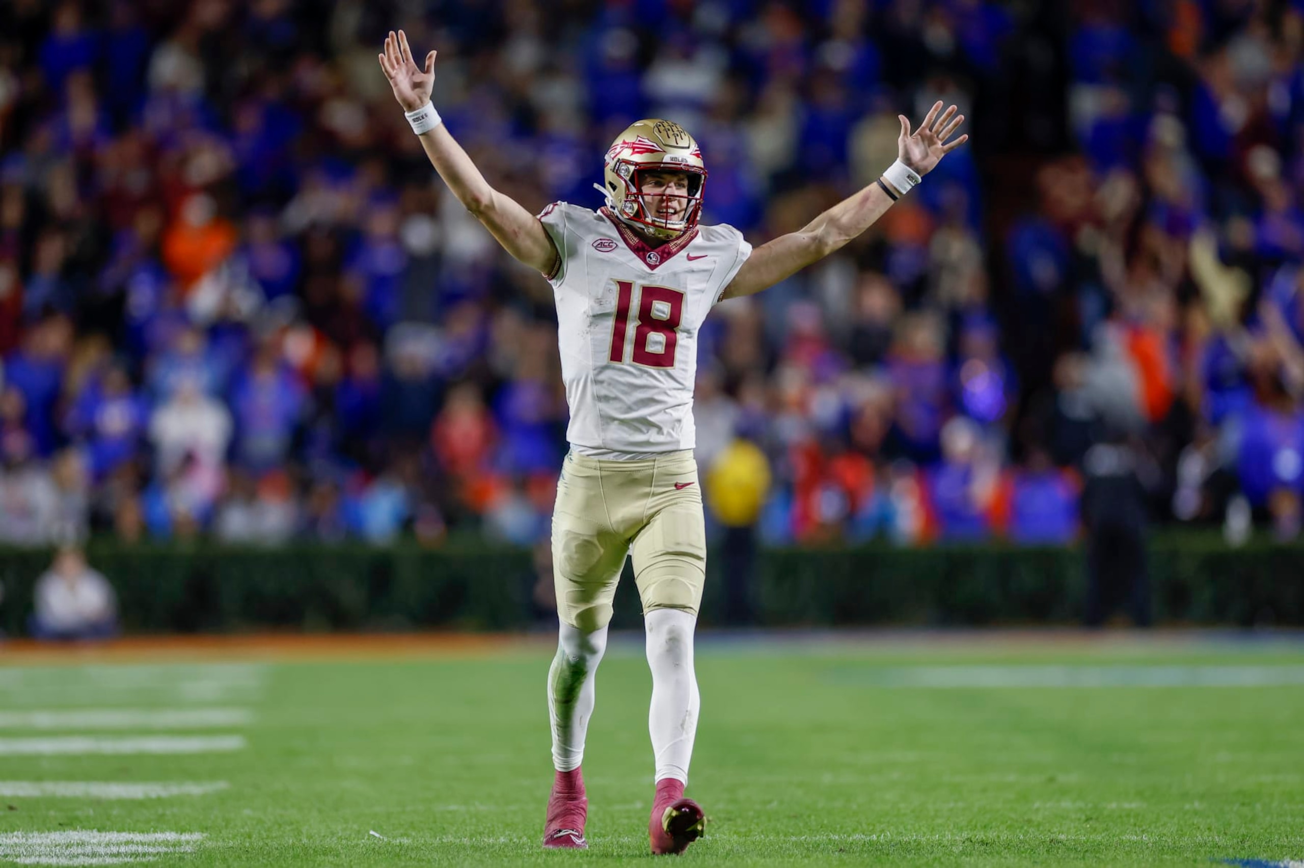 GAINESVILLE, FL - NOVEMBER 25: Florida State Seminoles quarterback Tate Rodemaker (18) reacts after a play during the game between the Florida Gators and the Florida State Seminoles on November 25, 2023 at Ben Hill Griffin Stadium at Florida Field in Gainesville, Fl. (Photo by David Rosenblum/Icon Sportswire via Getty Images)