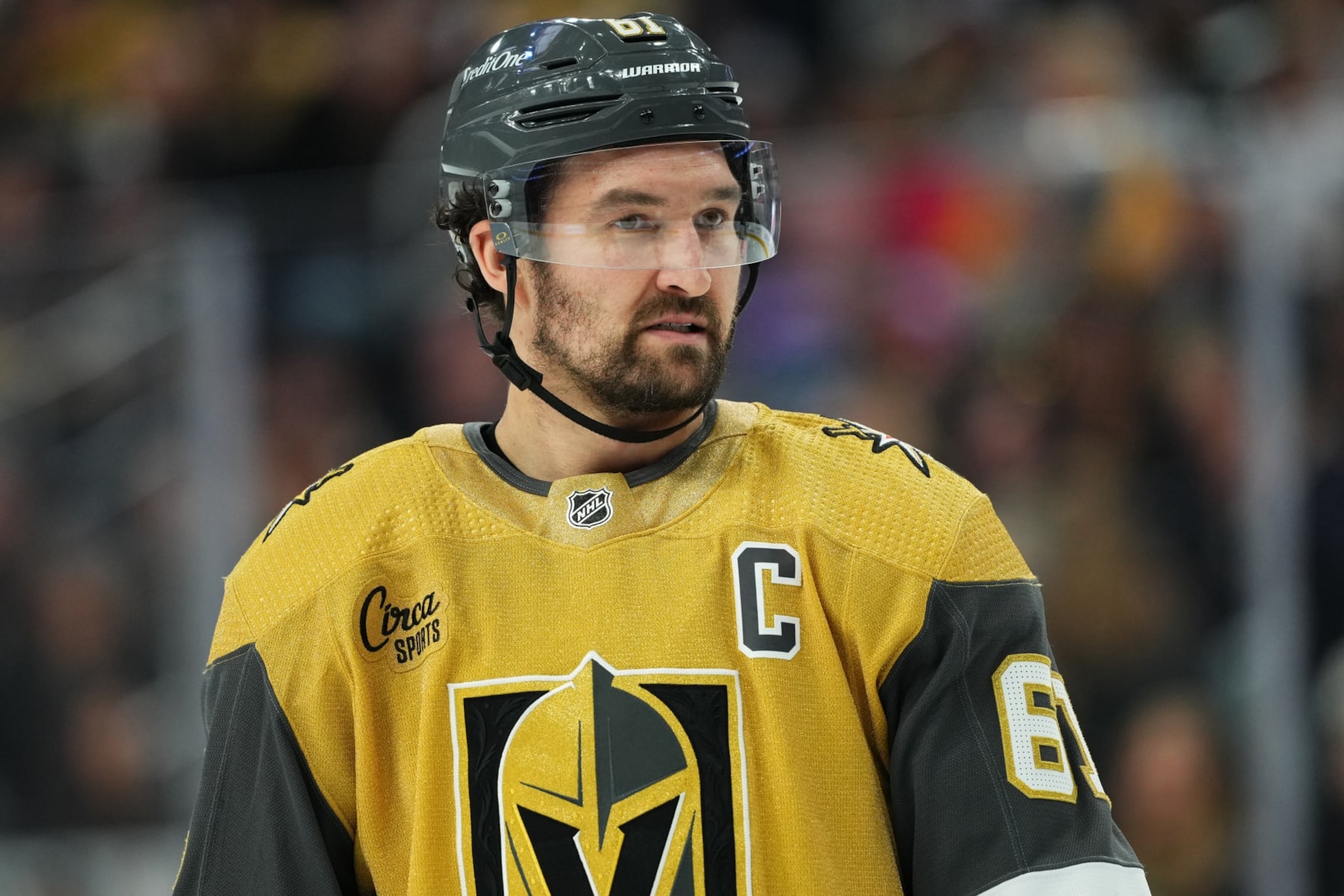 LAS VEGAS, NEVADA - NOVEMBER 25: Mark Stone #61 of the Vegas Golden Knights looks on during the first period against the Arizona Coyotes at T-Mobile Arena on November 25, 2023 in Las Vegas, Nevada. (Photo by Jeff Bottari/NHLI via Getty Images)