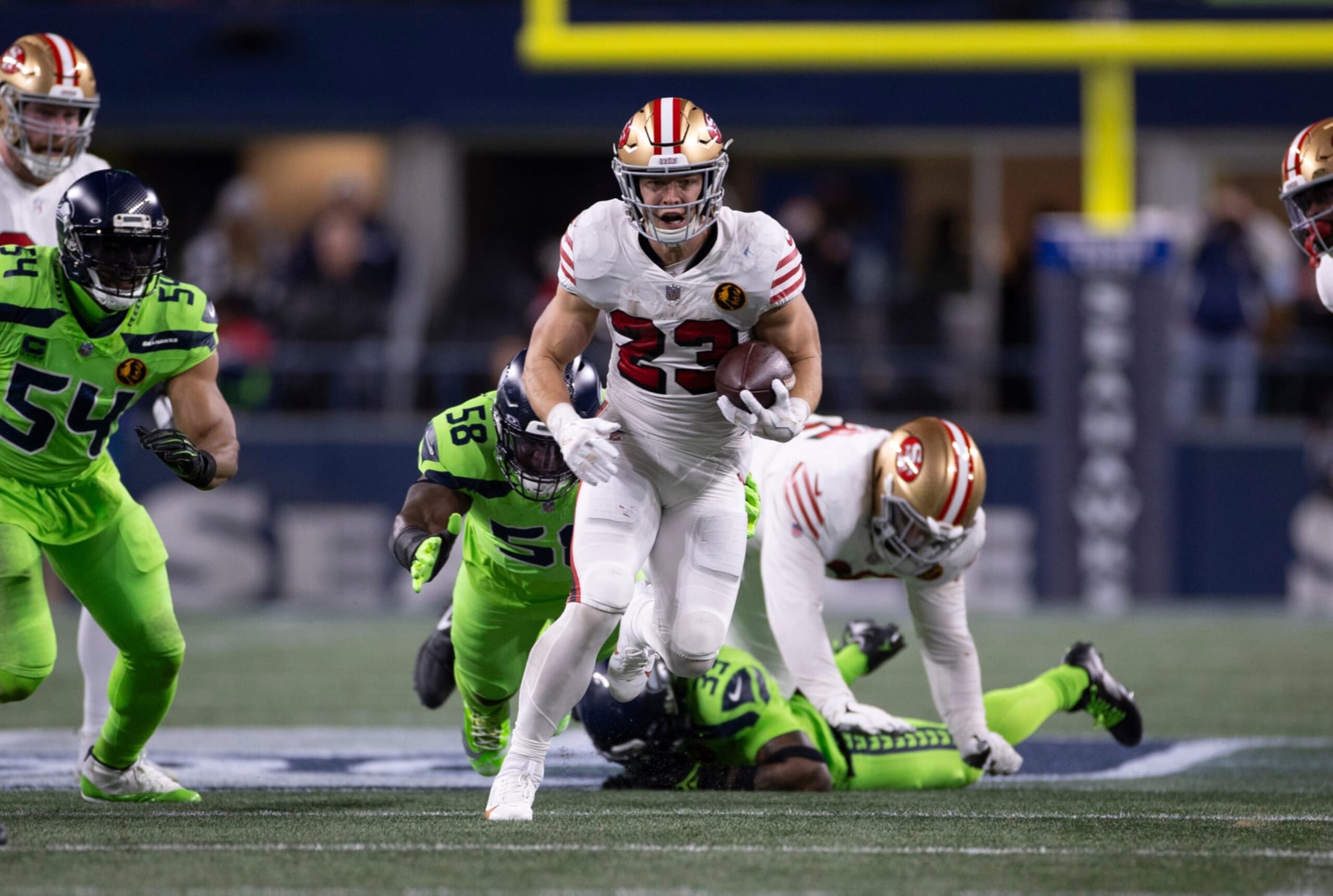 SEATTLE, WA - NOVEMBER 23: Christian McCaffrey #23 of the San Francisco 49ers rushes during the game against the Seattle Seahawks at Levi's Stadium on November 23, 2023 in Seattle, Washington. The 49ers defeated the Seahawks 31-13. (Photo by Michael Zagaris/San Francisco 49ers/Getty Images)