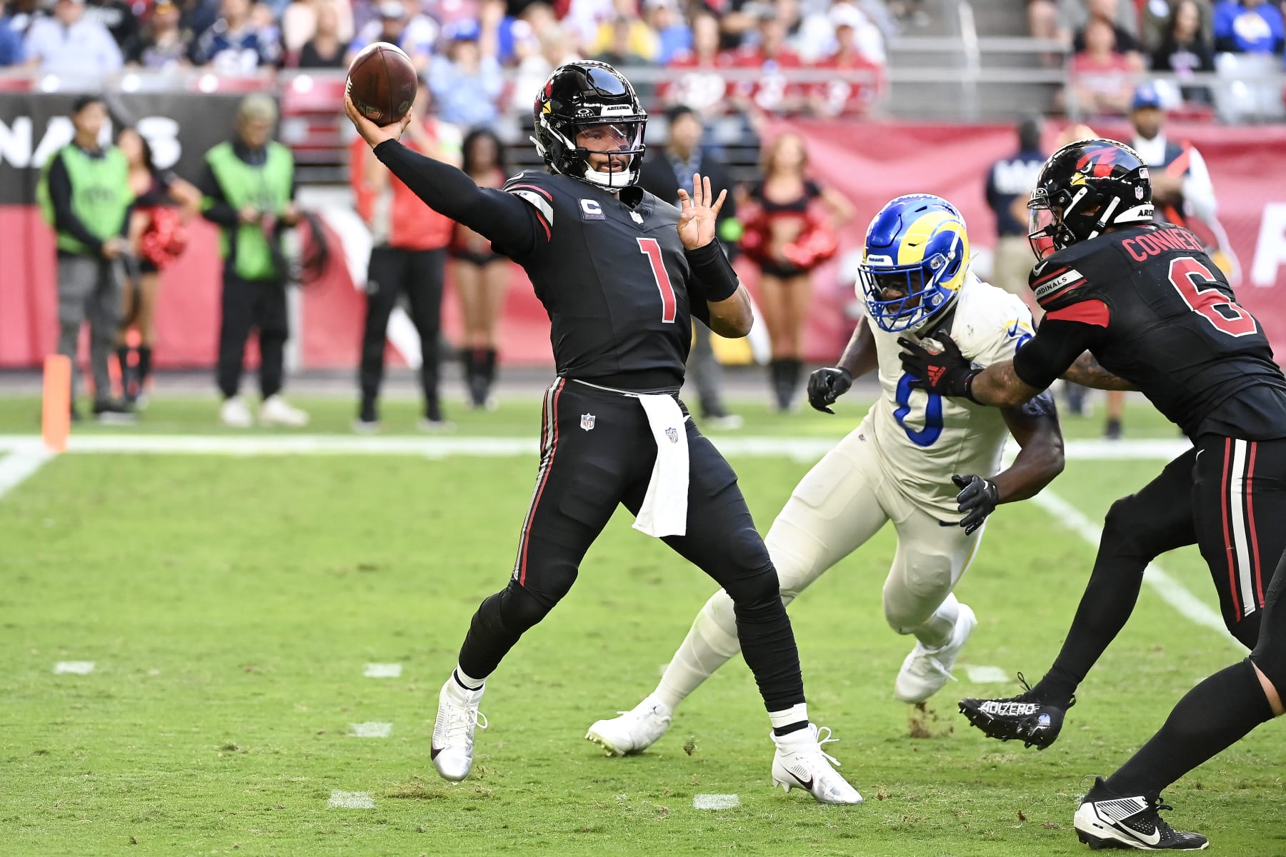 GLENDALE, ARIZONA - NOVEMBER 26: Kyler Murray #1 of the Arizona Cardinals attempts a pass during the second quarter against the Los Angeles Rams at State Farm Stadium on November 26, 2023 in Glendale, Arizona. (Photo by Norm Hall/Getty Images)