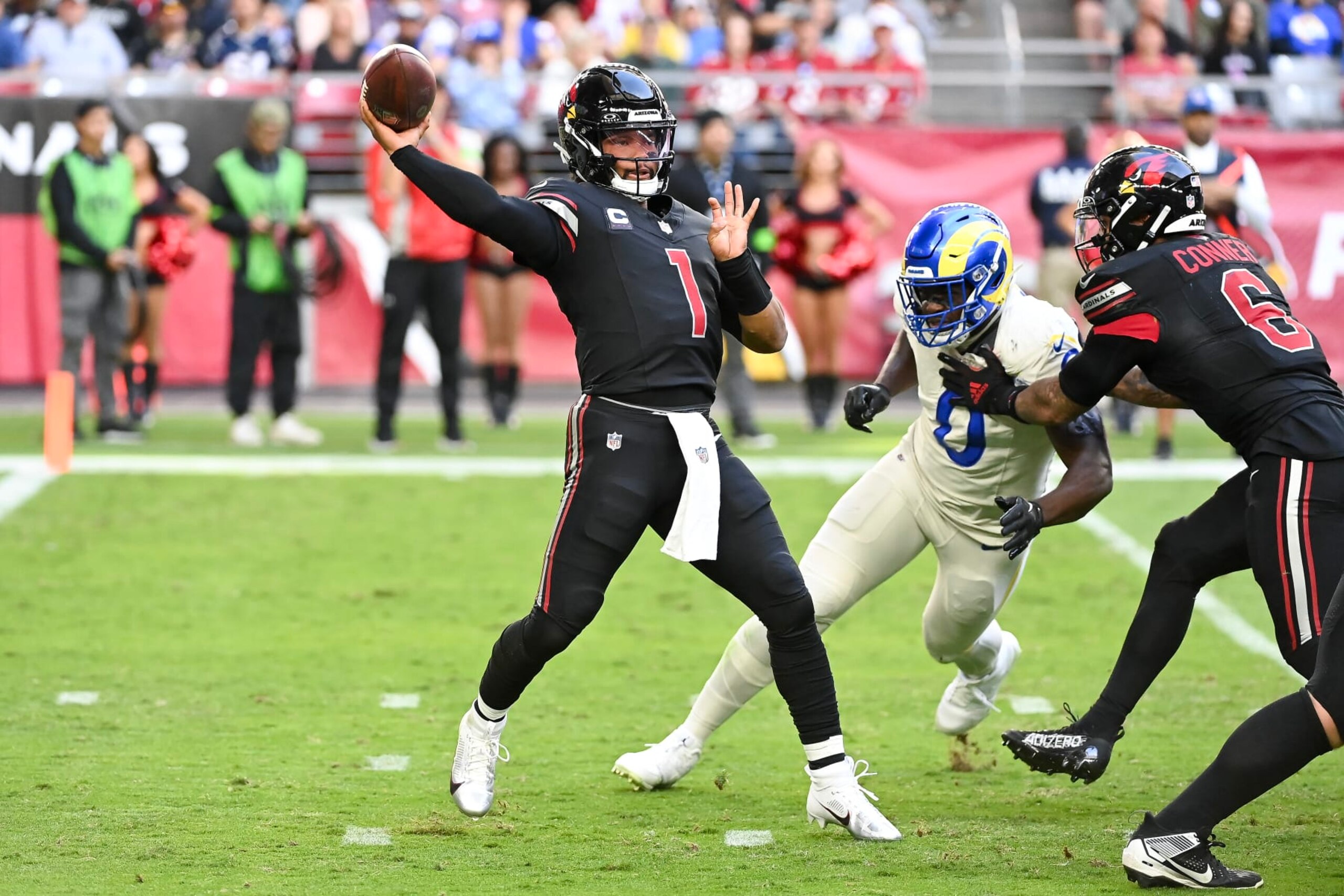 GLENDALE, ARIZONA - NOVEMBER 26: Kyler Murray #1 of the Arizona Cardinals attempts a pass during the second quarter against the Los Angeles Rams at State Farm Stadium on November 26, 2023 in Glendale, Arizona. (Photo by Norm Hall/Getty Images)