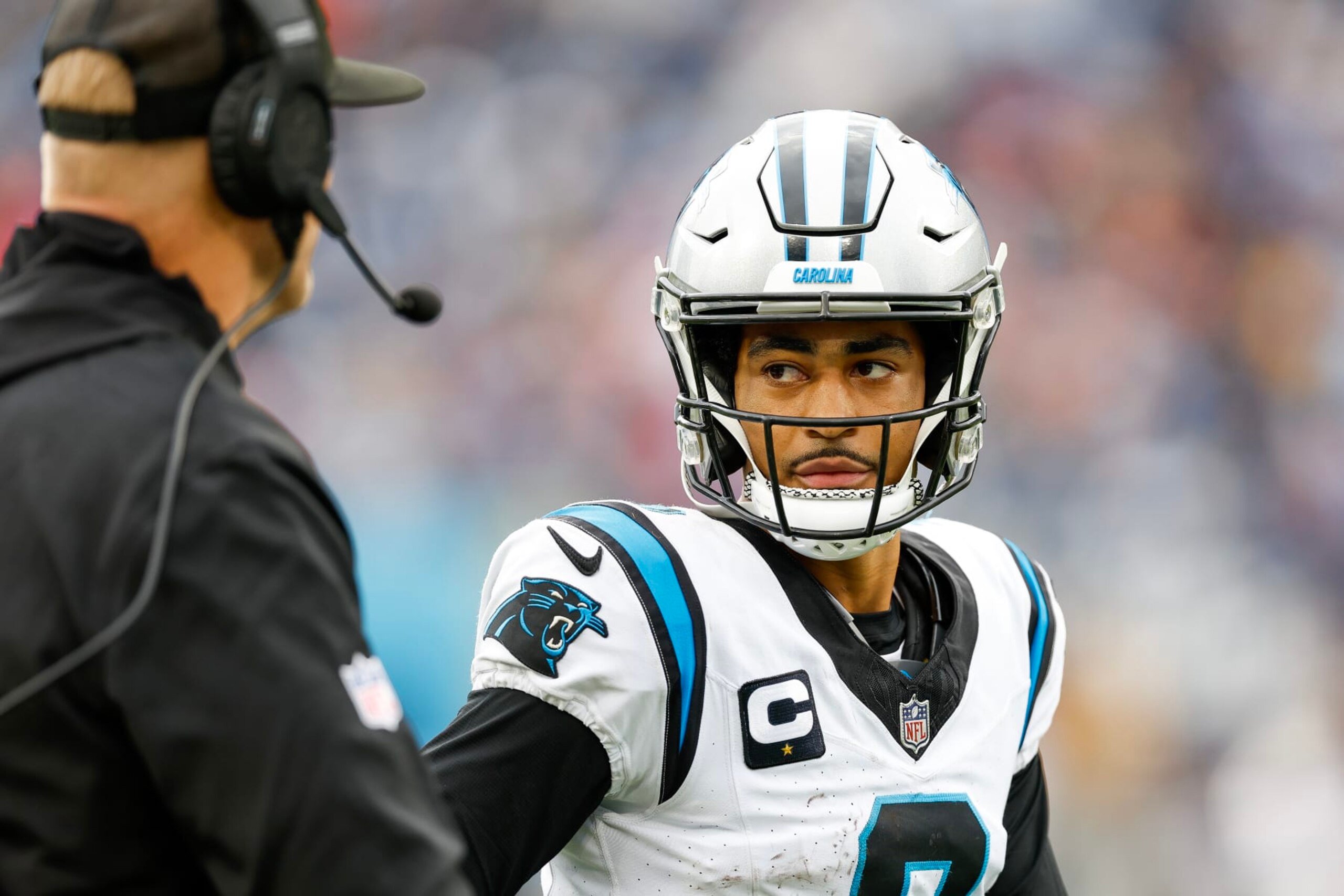 NASHVILLE, TENNESSEE - NOVEMBER 26: Bryce Young #9 of the Carolina Panthers looks on during the second half of the game against the Tennessee Titans at Nissan Stadium on November 26, 2023 in Nashville, Tennessee. (Photo by Wesley Hitt/Getty Images)