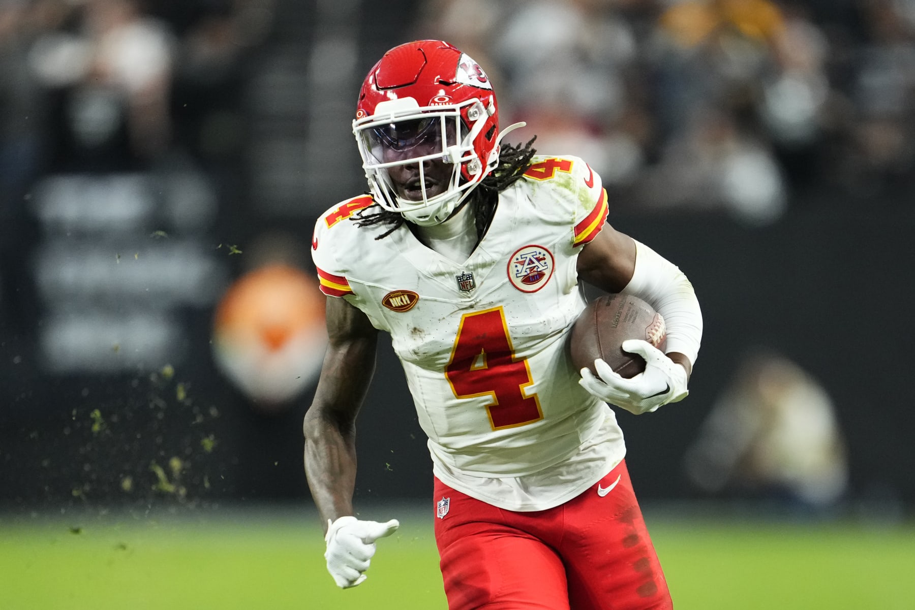 LAS VEGAS, NEVADA - NOVEMBER 26: Rashee Rice #4 of the Kansas City Chiefs runs for a fourth quarter touchdown against the Las Vegas Raiders at Allegiant Stadium on November 26, 2023 in Las Vegas, Nevada. (Photo by Jeff Bottari/Getty Images)