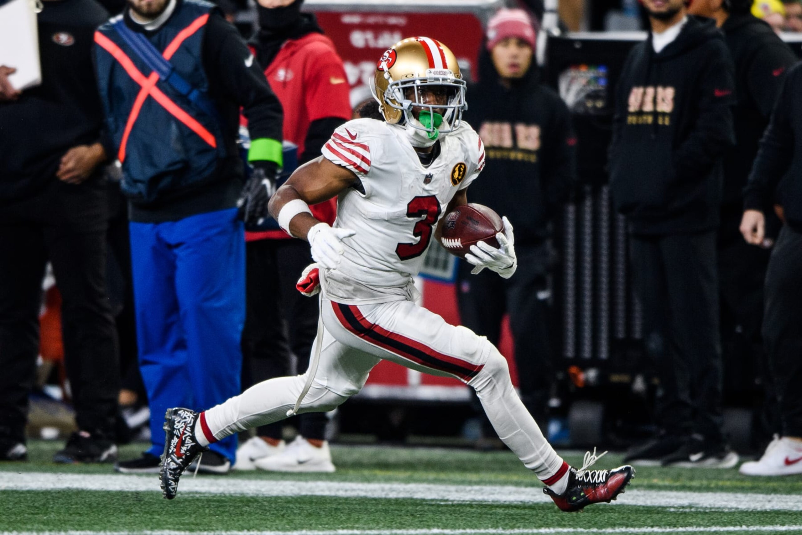 SEATTLE, WASHINGTON - NOVEMBER 23: San Francisco 49ers wide receiver Ray-Ray McCloud III #3 carries the ball during the fourth quarter of the game against the Seattle Seahawks at Lumen Field on November 23, 2023 in Seattle, Washington. (Photo by Jane Gershovich/Getty Images)