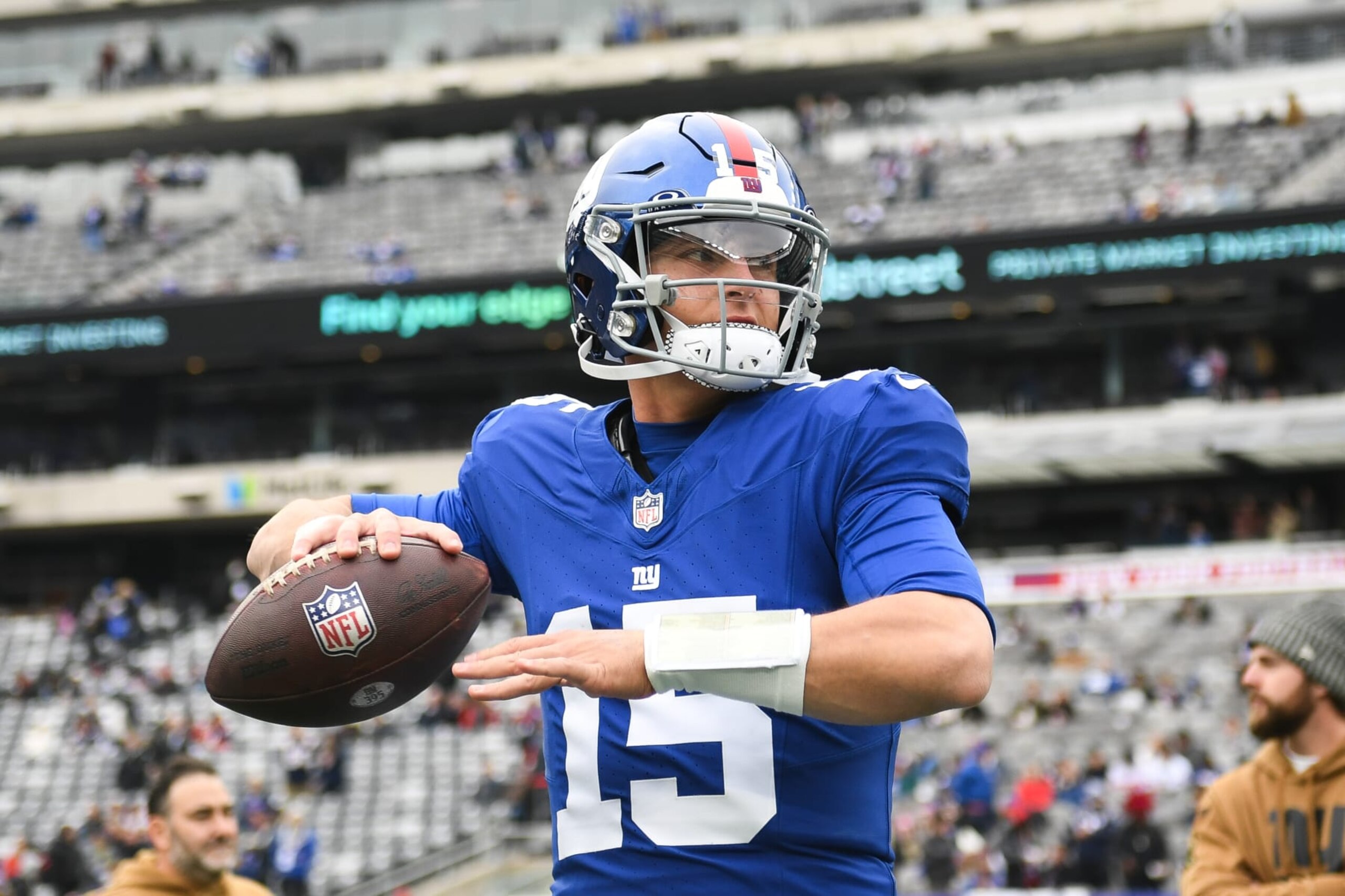 EAST RUTHERFORD, NJ - NOVEMBER 26: Tommy DeVito #15 of the New York Giants throws the football prior to the start of the game against the New England Patriots at MetLife Stadium on November 26, 2023 in East Rutherford, New Jersey. (Photo by Kathryn Riley/Getty Images)