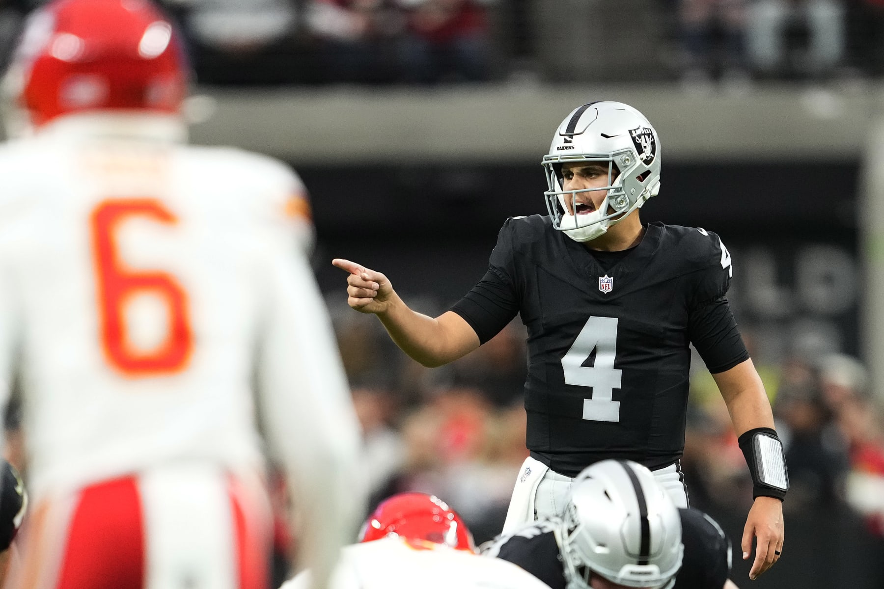 LAS VEGAS, NEVADA - NOVEMBER 26: Aidan O'Connell #4 of the Las Vegas Raiders calls out orders from the line of scrimmage against the Kansas City Chiefs during the first half at Allegiant Stadium on November 26, 2023 in Las Vegas, Nevada. (Photo by Jeff Bottari/Getty Images)
