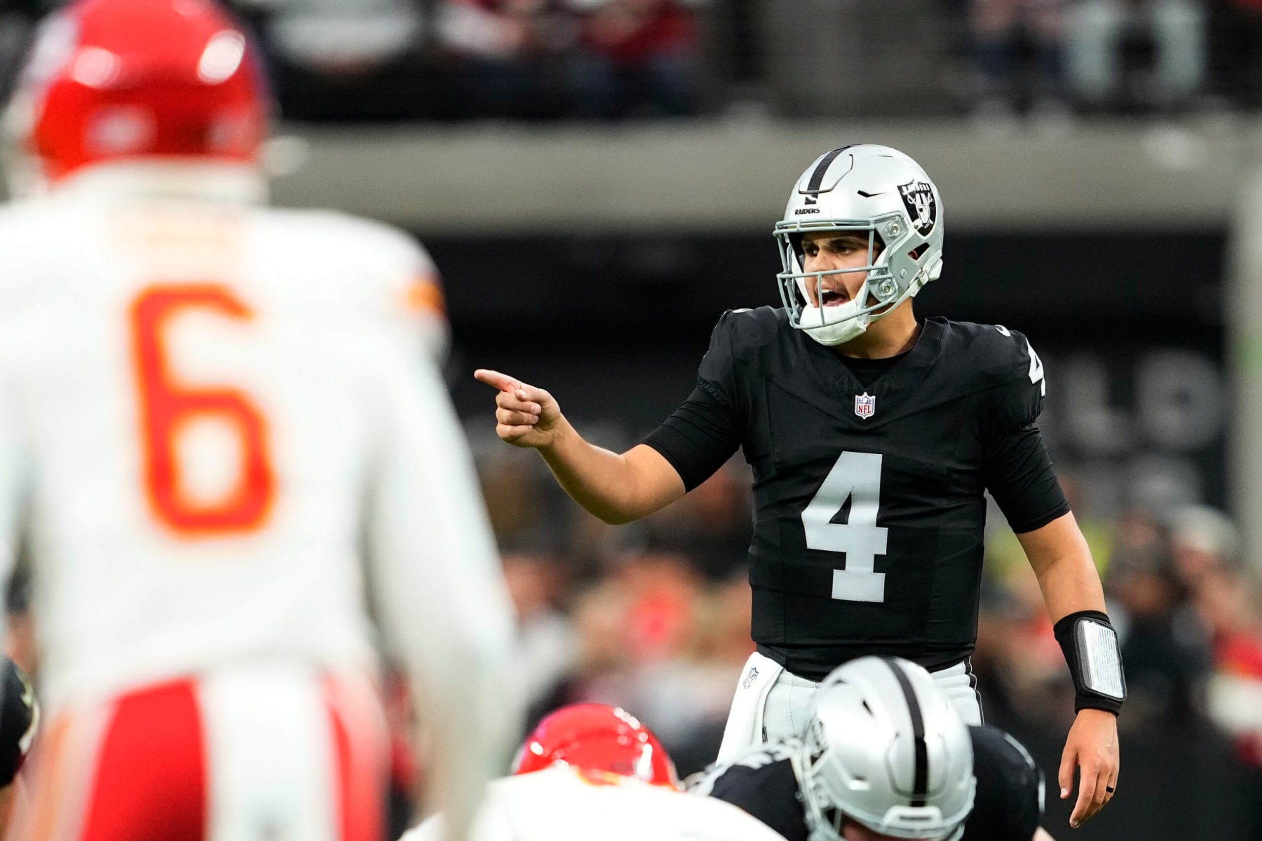LAS VEGAS, NEVADA - NOVEMBER 26: Aidan O'Connell #4 of the Las Vegas Raiders calls out orders from the line of scrimmage against the Kansas City Chiefs during the first half at Allegiant Stadium on November 26, 2023 in Las Vegas, Nevada. (Photo by Jeff Bottari/Getty Images)