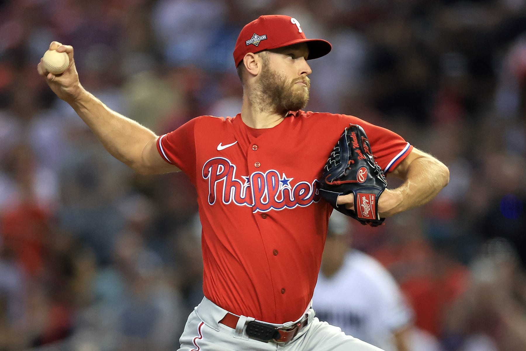 PHOENIX, ARIZONA - OCTOBER 21: Zack Wheeler #45 of the Philadelphia Phillies throws a pitch against the Arizona Diamondbacks during the first inning in Game Five of the National League Championship Series at Chase Field on October 21, 2023 in Phoenix, Arizona. (Photo by Norm Hall/Getty Images)