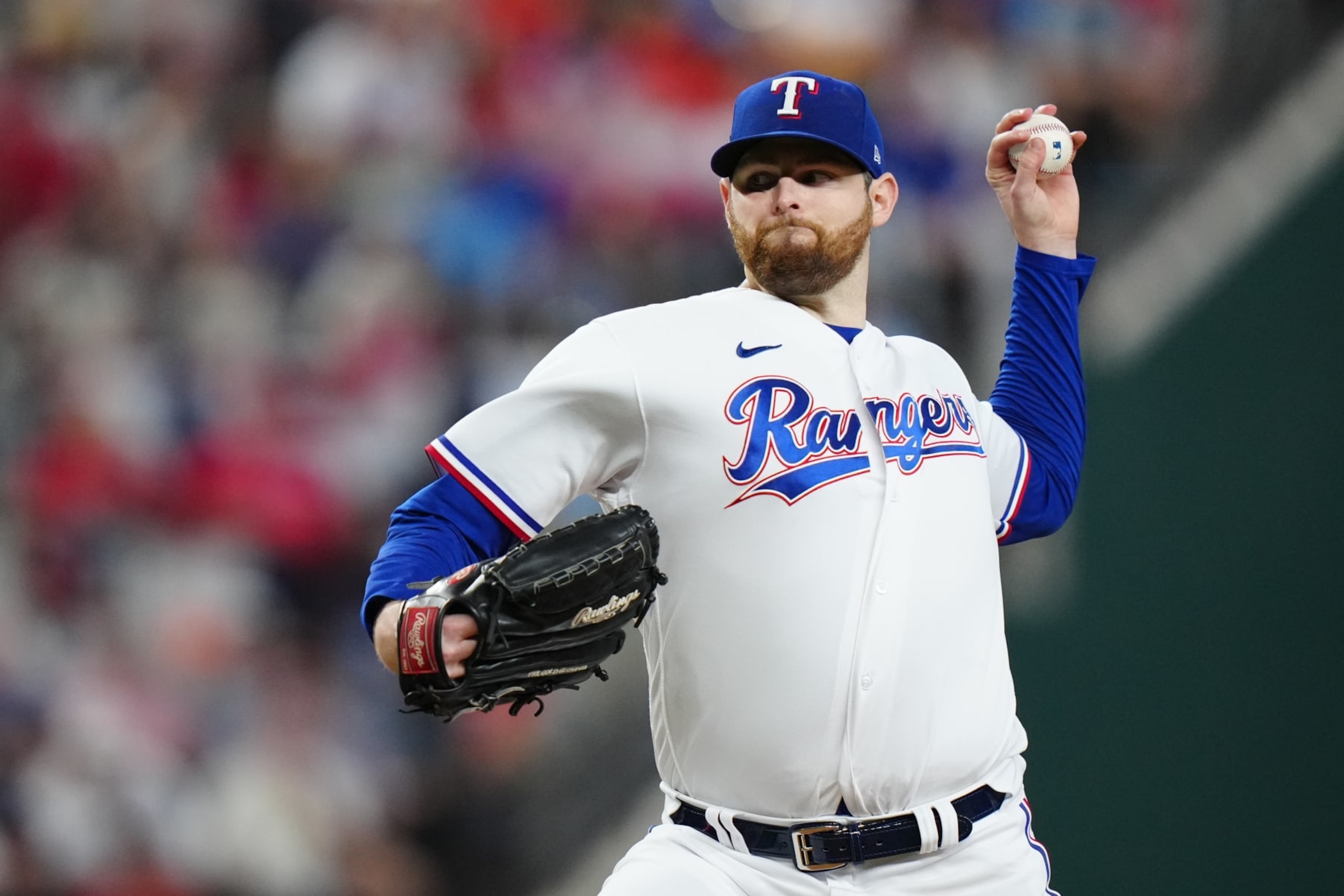 ARLINGTON, TX - OCTOBER 20:   Jordan Montgomery #52 of the Texas Rangers pitches during Game 5 of the ALCS between the Houston Astros and the Texas Rangers at Globe Life Field on Friday, October 20, 2023 in Arlington, Texas. (Photo by Daniel Shirey/MLB Photos via Getty Images)