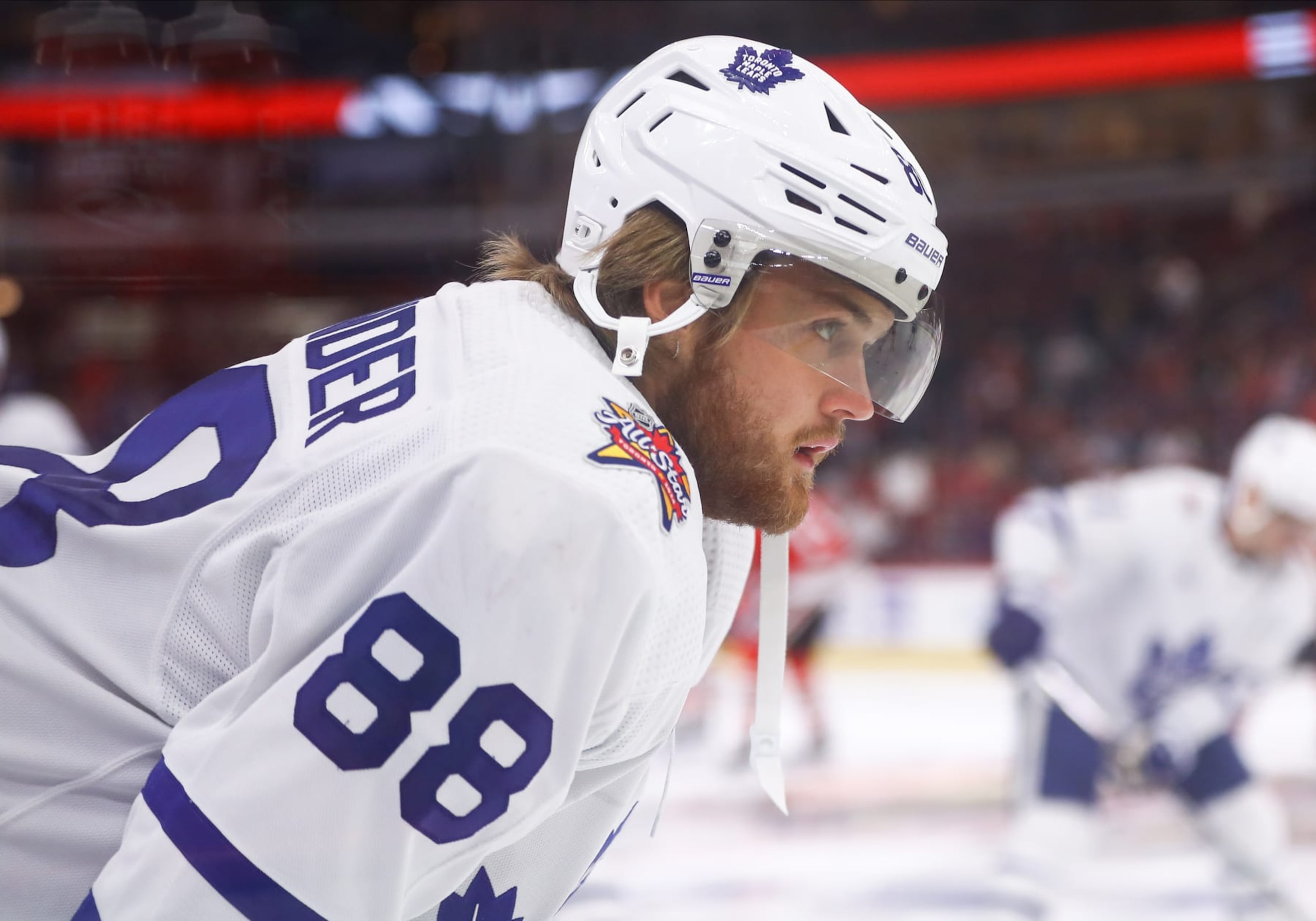 CHICAGO, IL - NOVEMBER 24: William Nylander #88 of the Toronto Maple Leafs looks on prior to a game against the Chicago Blackhawks at the United Center on November 24, 2023 in Chicago, Illinois. (Photo by Melissa Tamez/Icon Sportswire via Getty Images)