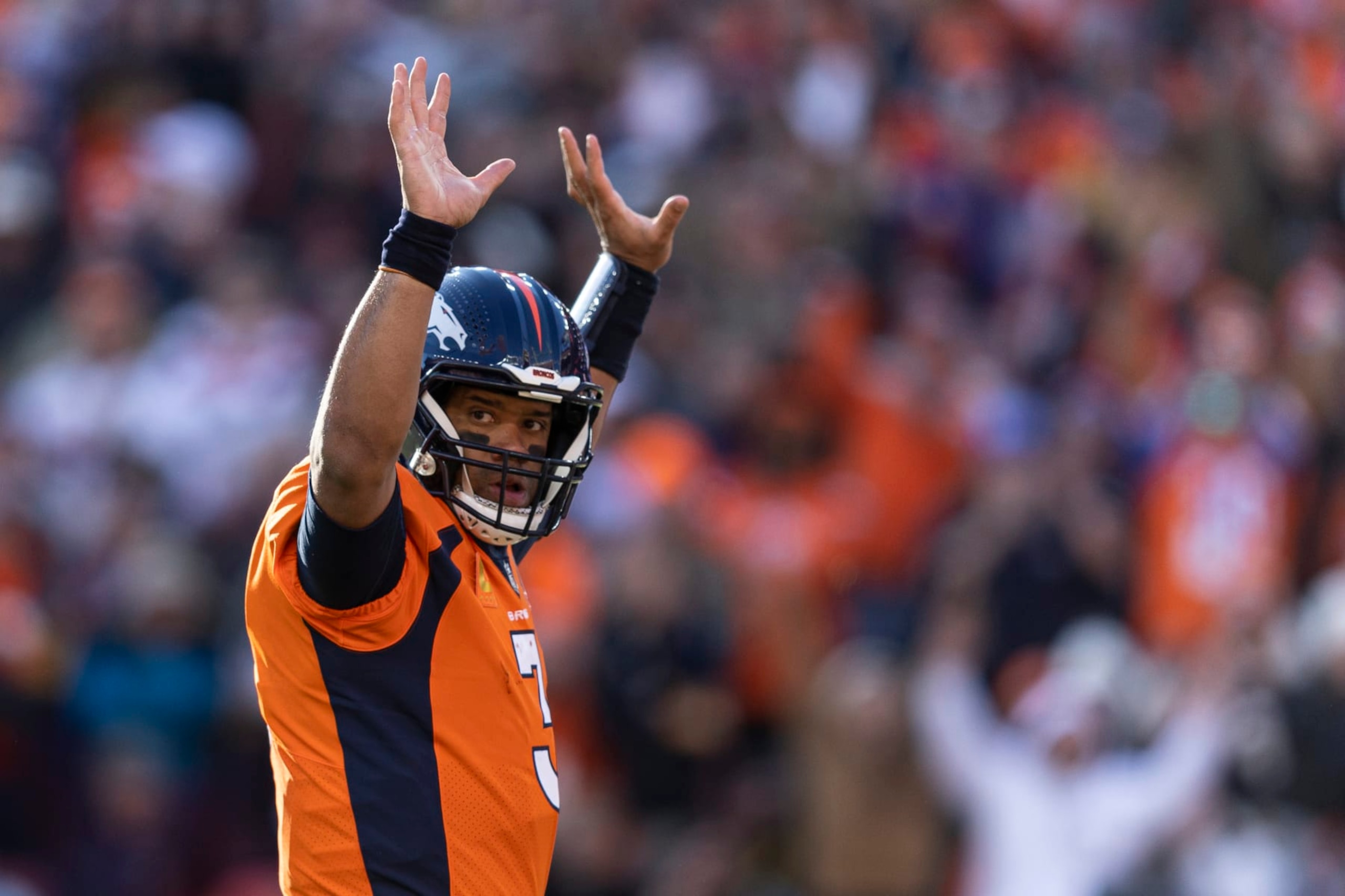 DENVER, COLORADO - NOVEMBER 26: Russell Wilson #3 of the Denver Broncos celebrates after a touchdown during an NFL football game between the Denver Broncos and the Cleveland Browns at Empower Field At Mile High on November 26, 2023 in Denver, Colorado. (Photo by Michael Owens/Getty Images)