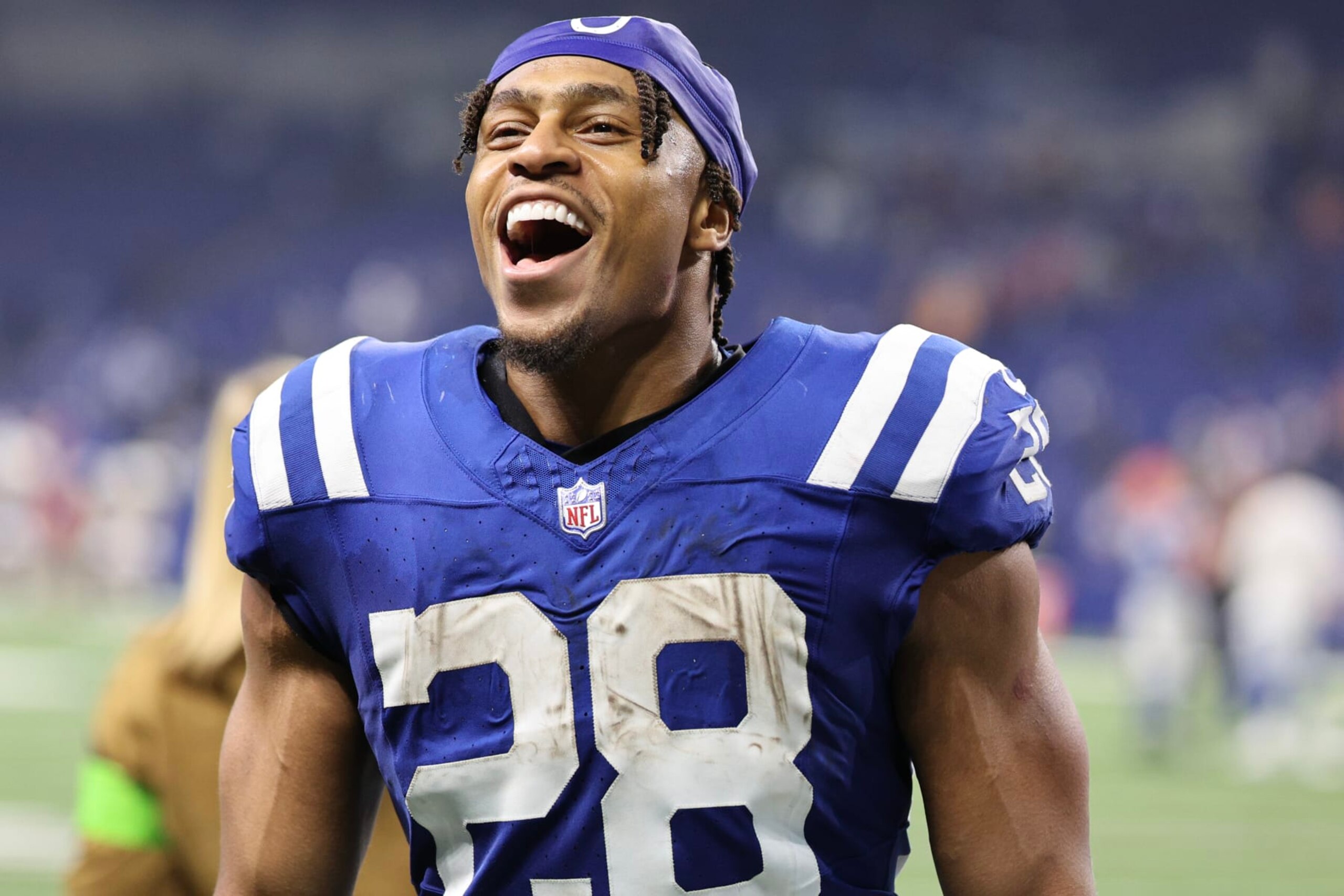 INDIANAPOLIS, INDIANA - NOVEMBER 26: Jonathan Taylor #28 of the Indianapolis Colts reacts after defeating the Tampa Bay Buccaneers at Lucas Oil Stadium on November 26, 2023 in Indianapolis, Indiana. (Photo by Michael Hickey/Getty Images)