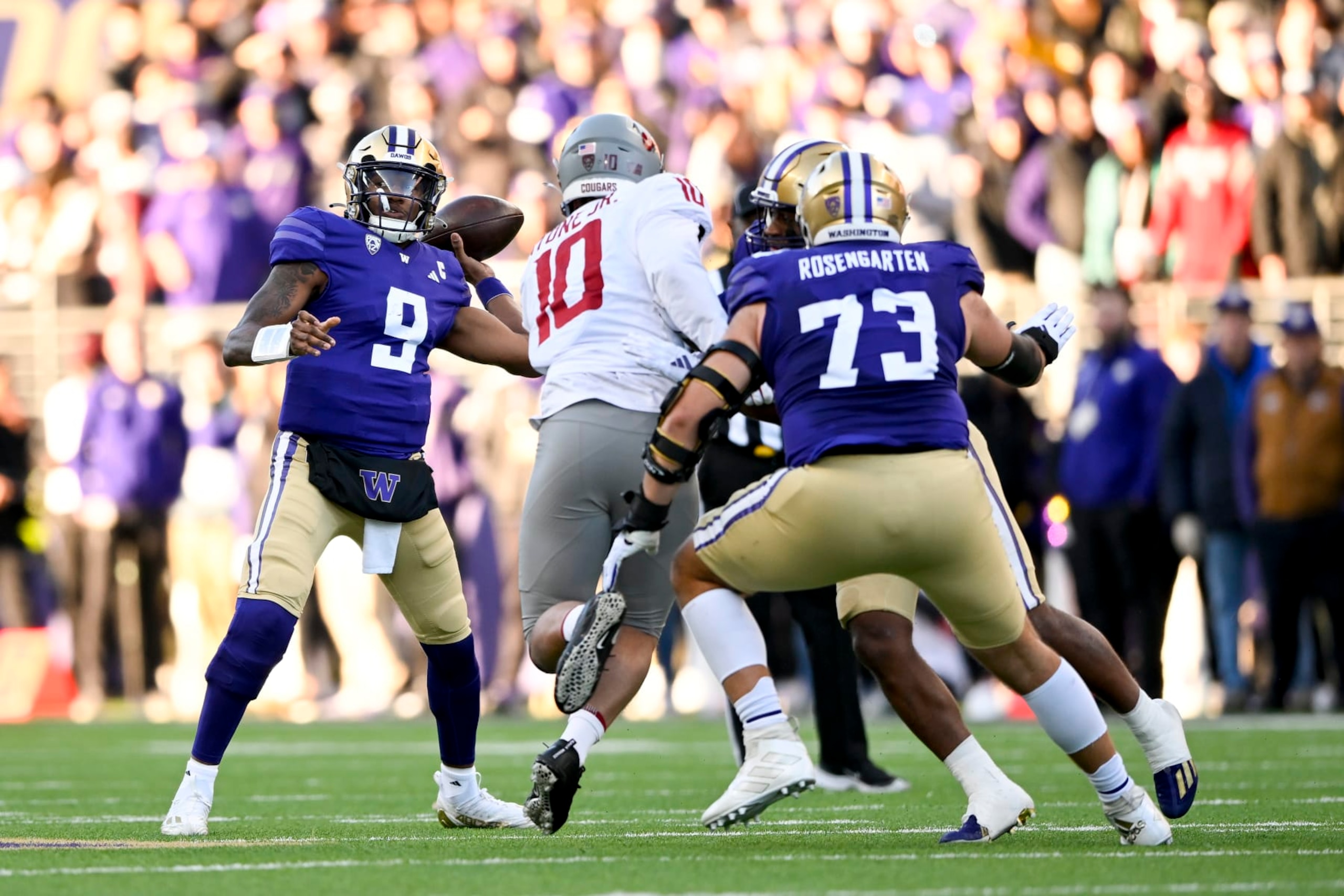 SEATTLE, WASHINGTON - NOVEMBER 25: Michael Penix Jr. #9 of the Washington Huskies throws the ball during the second quarter against the Washington State Cougars  at Husky Stadium on November 25, 2023 in Seattle, Washington. (Photo by Alika Jenner/Getty Images)