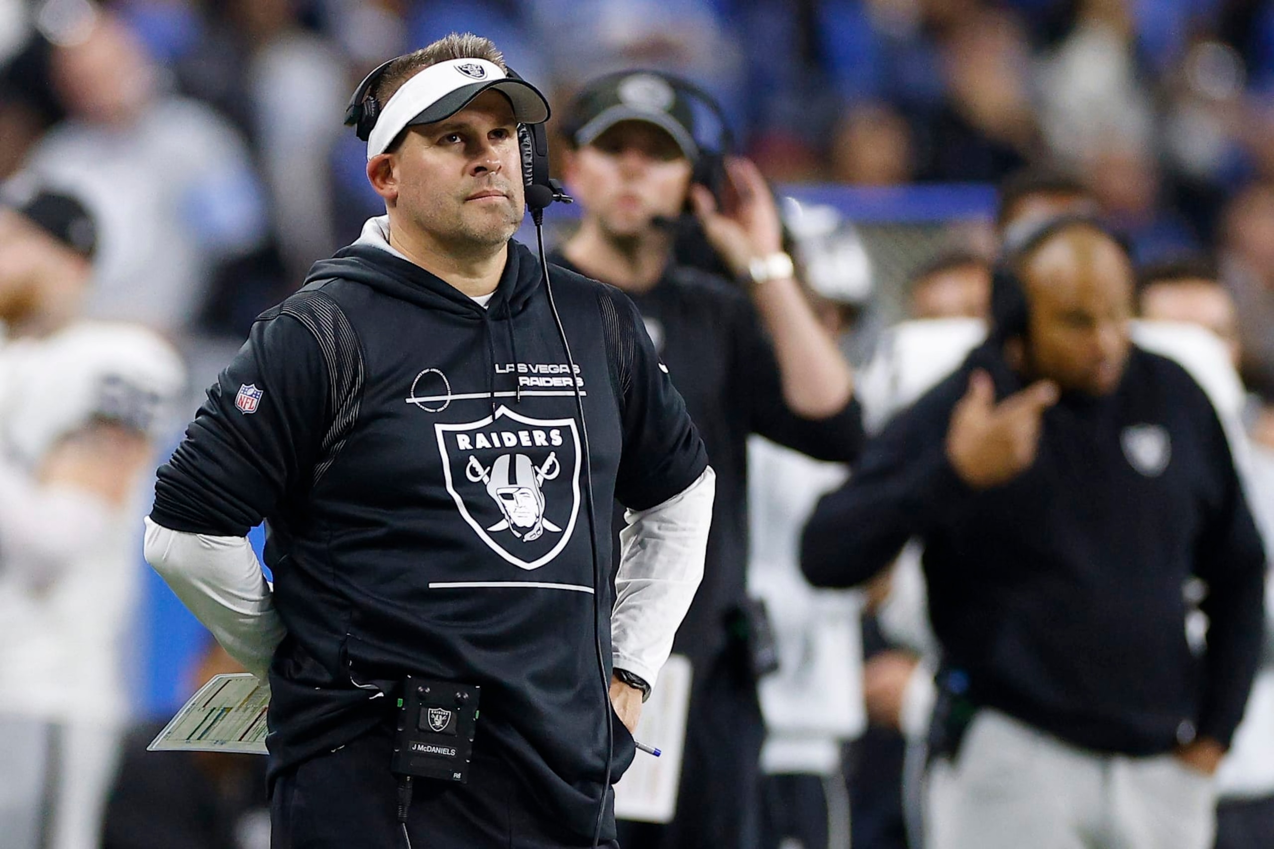 DETROIT, MICHIGAN - OCTOBER 30: Head coach Josh McDaniels of the Las Vegas Raiders looks on in the second half of a game against the Detroit Lions at Ford Field on October 30, 2023 in Detroit, Michigan. (Photo by Mike Mulholland/Getty Images)