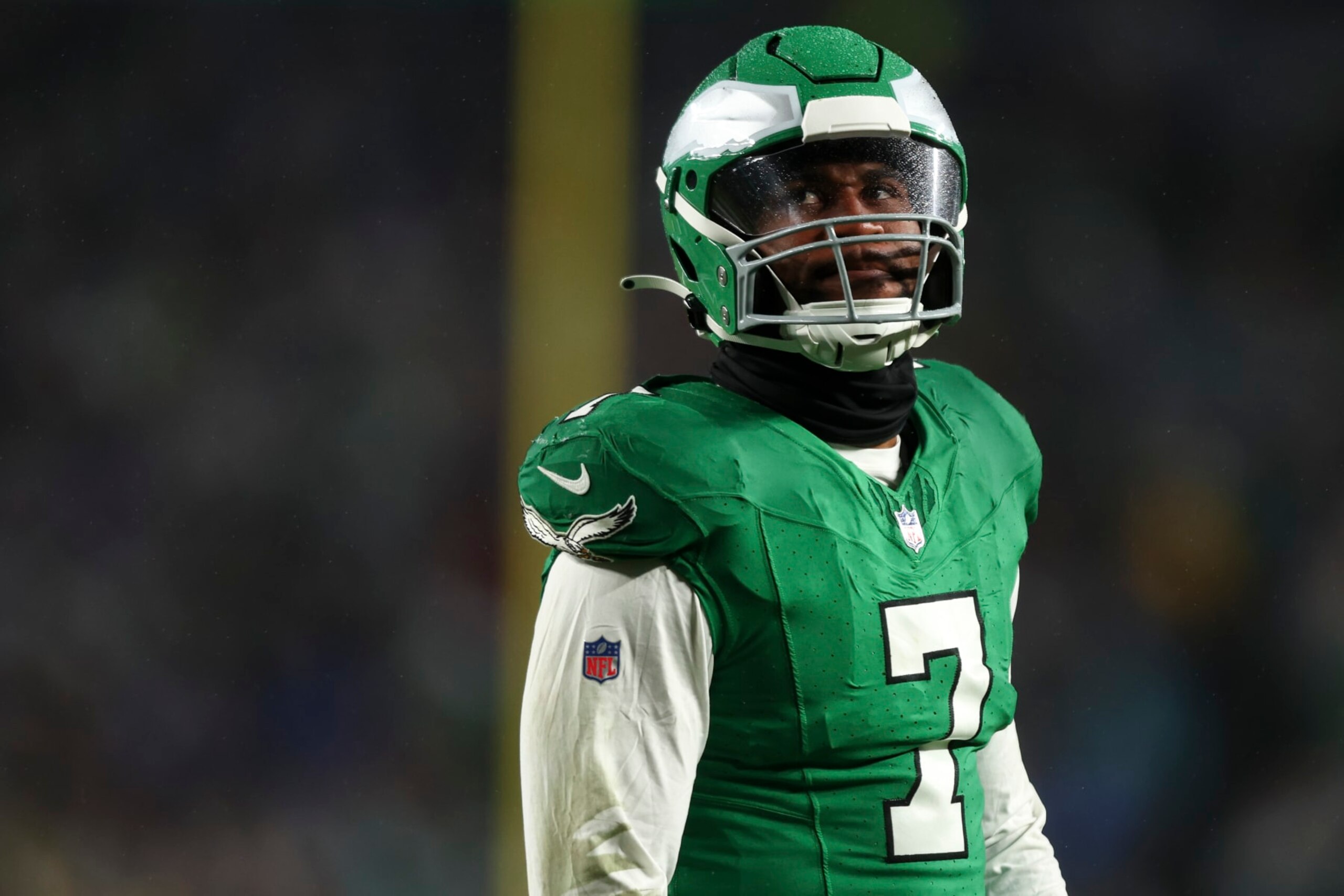 PHILADELPHIA, PA - NOVEMBER 26: Haason Reddick #7 of the Philadelphia Eagles looks on during the second quarter of an NFL football game against the Buffalo Bills at Lincoln Financial Field on November 26, 2023 in Philadelphia, Pennsylvania. (Photo by Kevin Sabitus/Getty Images) PHILADELPHIA, PA - NOVEMBER 26: Haason Reddick #7 of the Philadelphia Eagles looks on during the second quarter of an NFL football game against the Buffalo Bills at Lincoln Financial Field on November 26, 2023 in Philadelphia, Pennsylvania. (Photo by Kevin Sabitus/Getty Images)