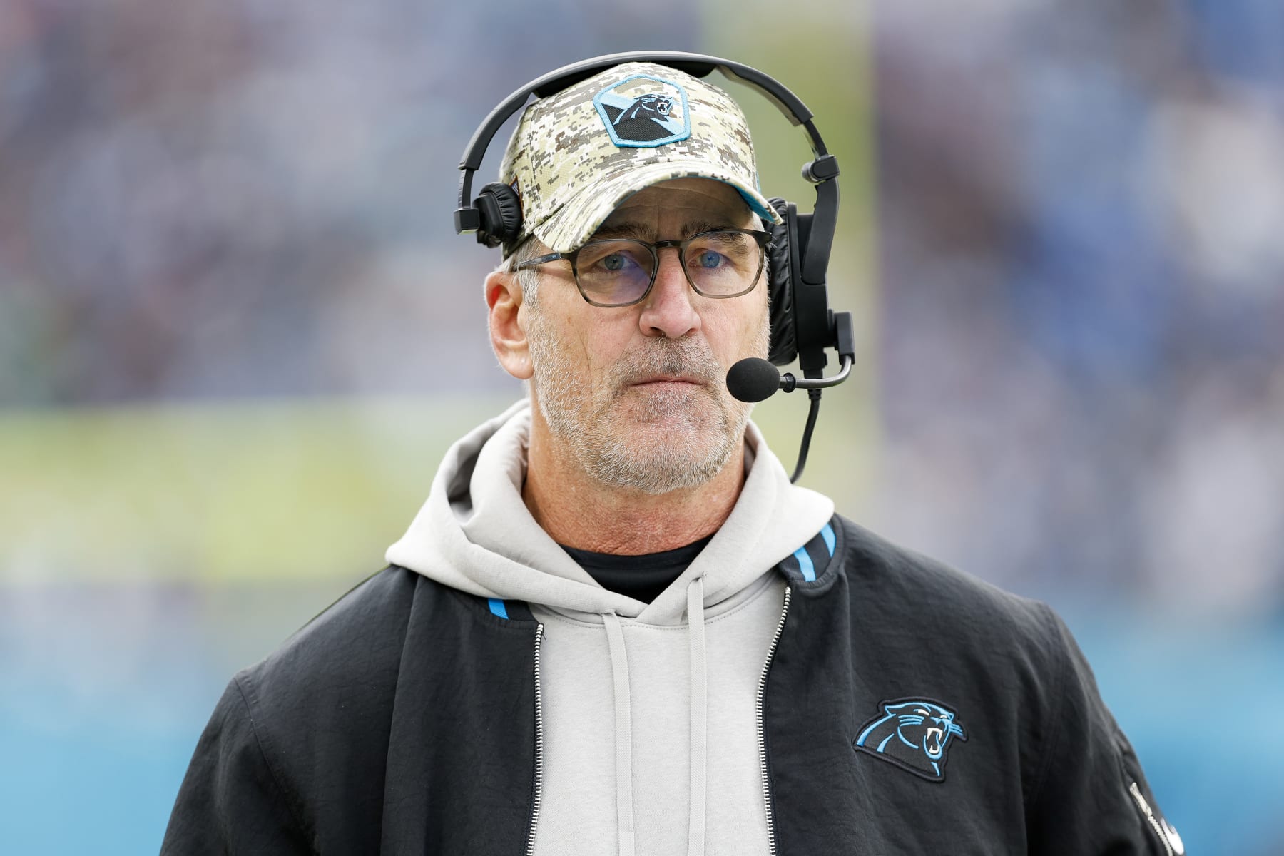 NASHVILLE, TENNESSEE - NOVEMBER 26: Head coach Frank Reich of the Carolina Panthers looks on during the second half of the game against the Tennessee Titans at Nissan Stadium on November 26, 2023 in Nashville, Tennessee. (Photo by Wesley Hitt/Getty Images)