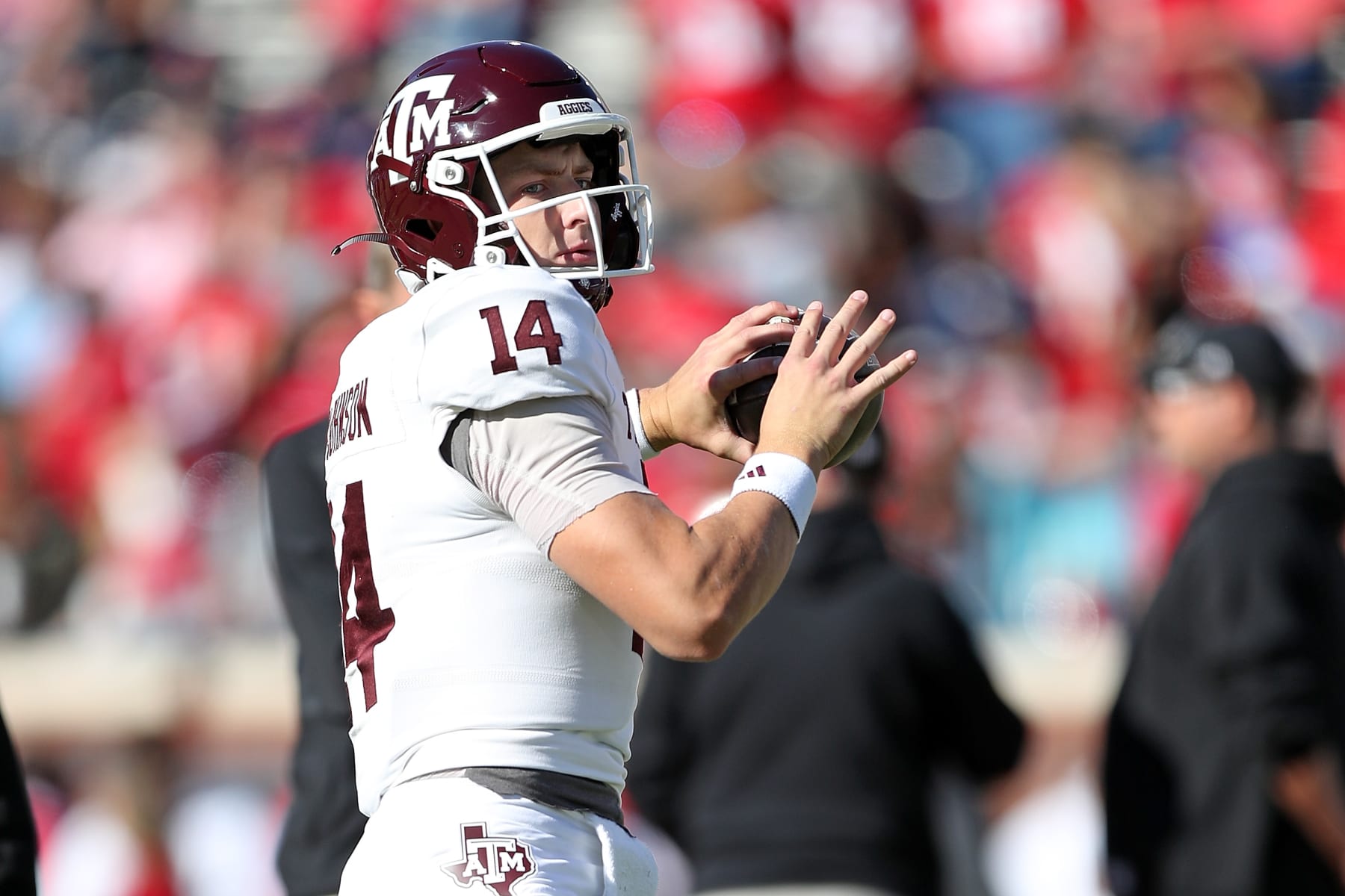 OXFORD, MISSISSIPPI - NOVEMBER 04: Max Johnson #14 of the Texas A&M Aggies warms up before the game against the Mississippi Rebels at Vaught-Hemingway Stadium on November 04, 2023 in Oxford, Mississippi. (Photo by Justin Ford/Getty Images)