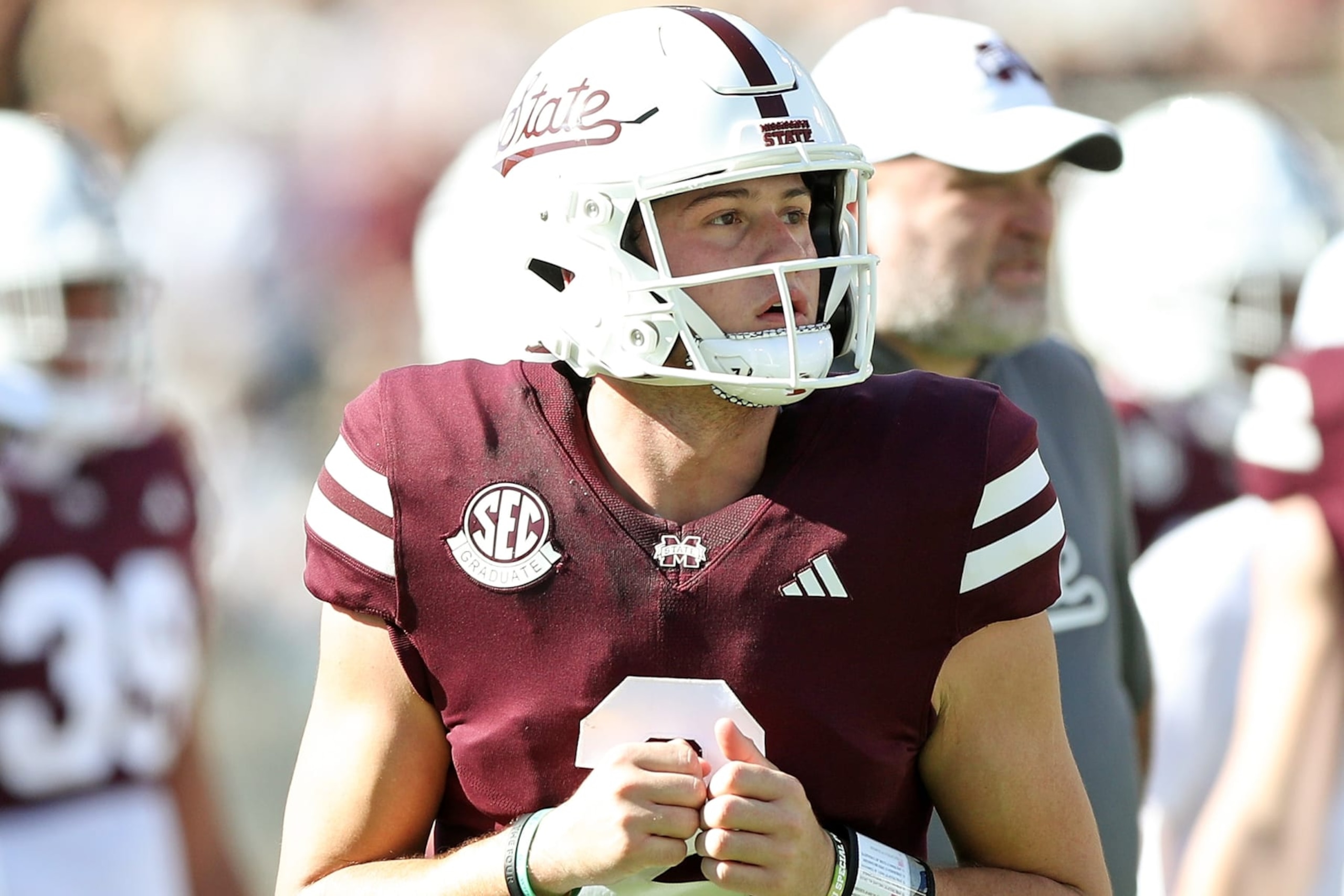 STARKVILLE, MISSISSIPPI - NOVEMBER 18: Will Rogers #2 of the Mississippi State Bulldogs warms up before the game against the Southern Miss Golden Eagles at Davis Wade Stadium on November 18, 2023 in Starkville, Mississippi. (Photo by Justin Ford/Getty Images)