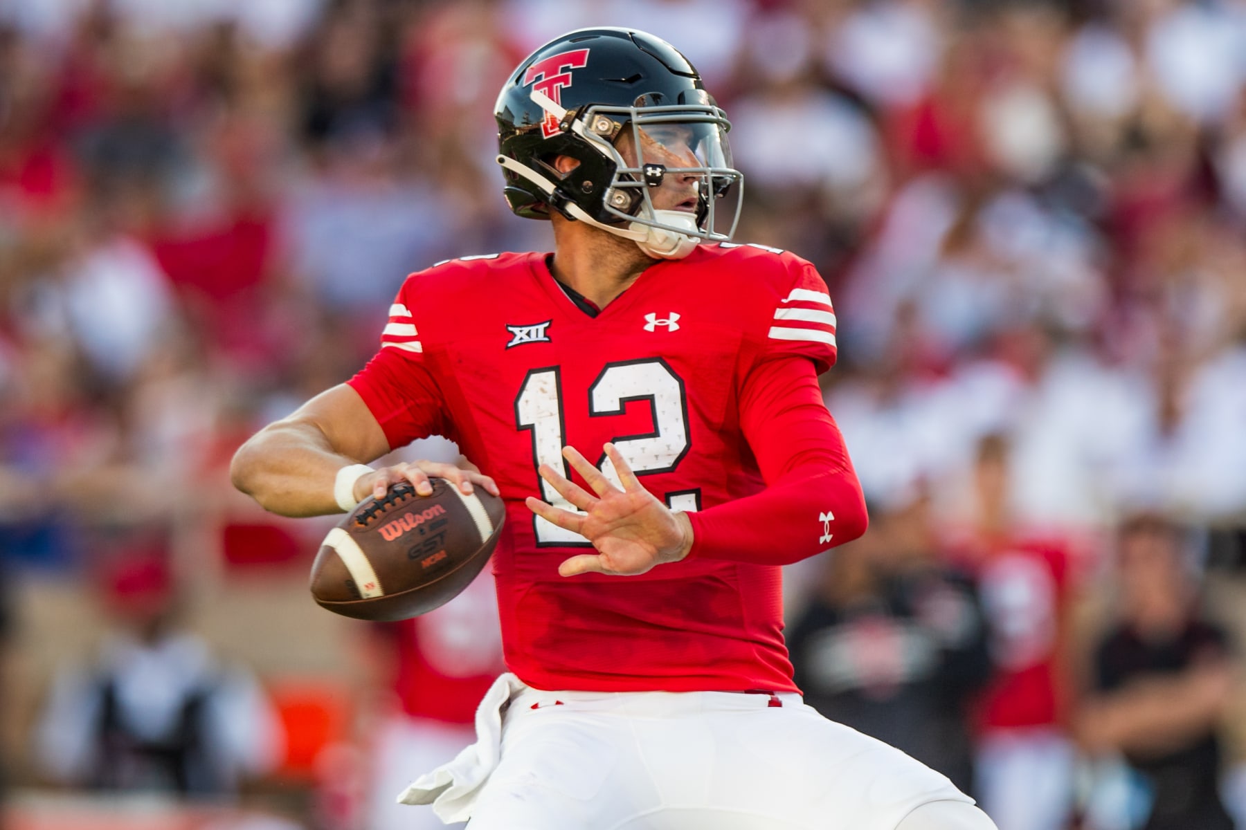 LUBBOCK, TEXAS - SEPTEMBER 16: Tyler Shough #12 of the Texas Tech Red Raiders passes the ball during the first half of the game against the Tarleton State Texans at Jones AT&T Stadium on September 16, 2023 in Lubbock, Texas. (Photo by John E. Moore III/Getty Images)