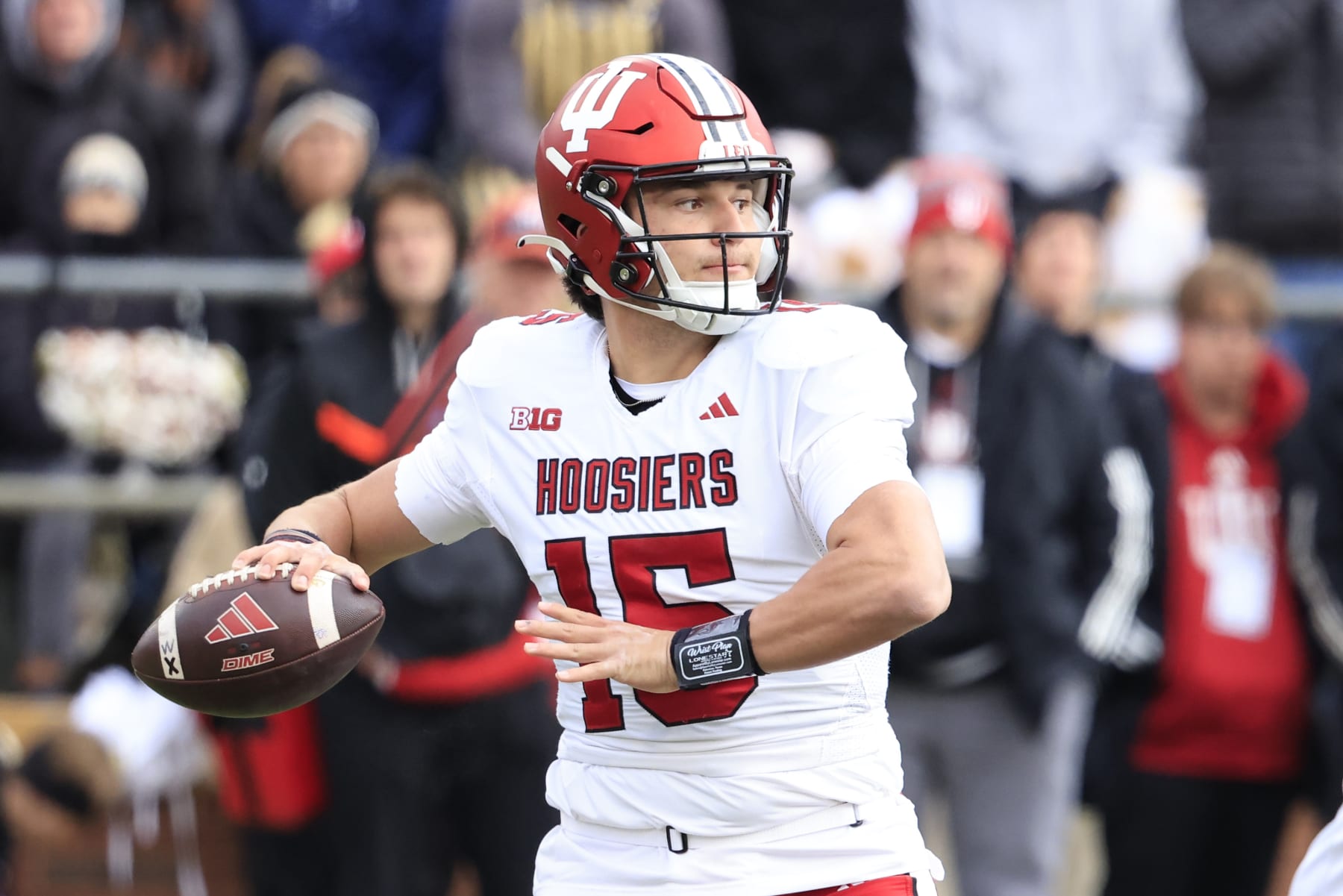 WEST LAFAYETTE, INDIANA - NOVEMBER 25: Brendan Sorsby #15 of the Indiana Hoosiers throws a pass during the first half in the game against the Purdue Boilermakers at Ross-Ade Stadium on November 25, 2023 in West Lafayette, Indiana. (Photo by Justin Casterline/Getty Images)