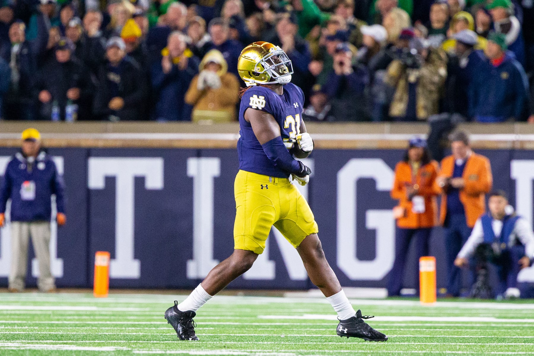 SOUTH BEND, IN - OCTOBER 14: Nana Osafo-Mensah #31 of Notre Dame celebrates his big play during a game between University of Southern California and University of Notre Dame at Notre Dame Stadium on October 14, 2023 in South Bend, Indiana. (Photo by Michael Miller/ISI Photos/Getty Images)