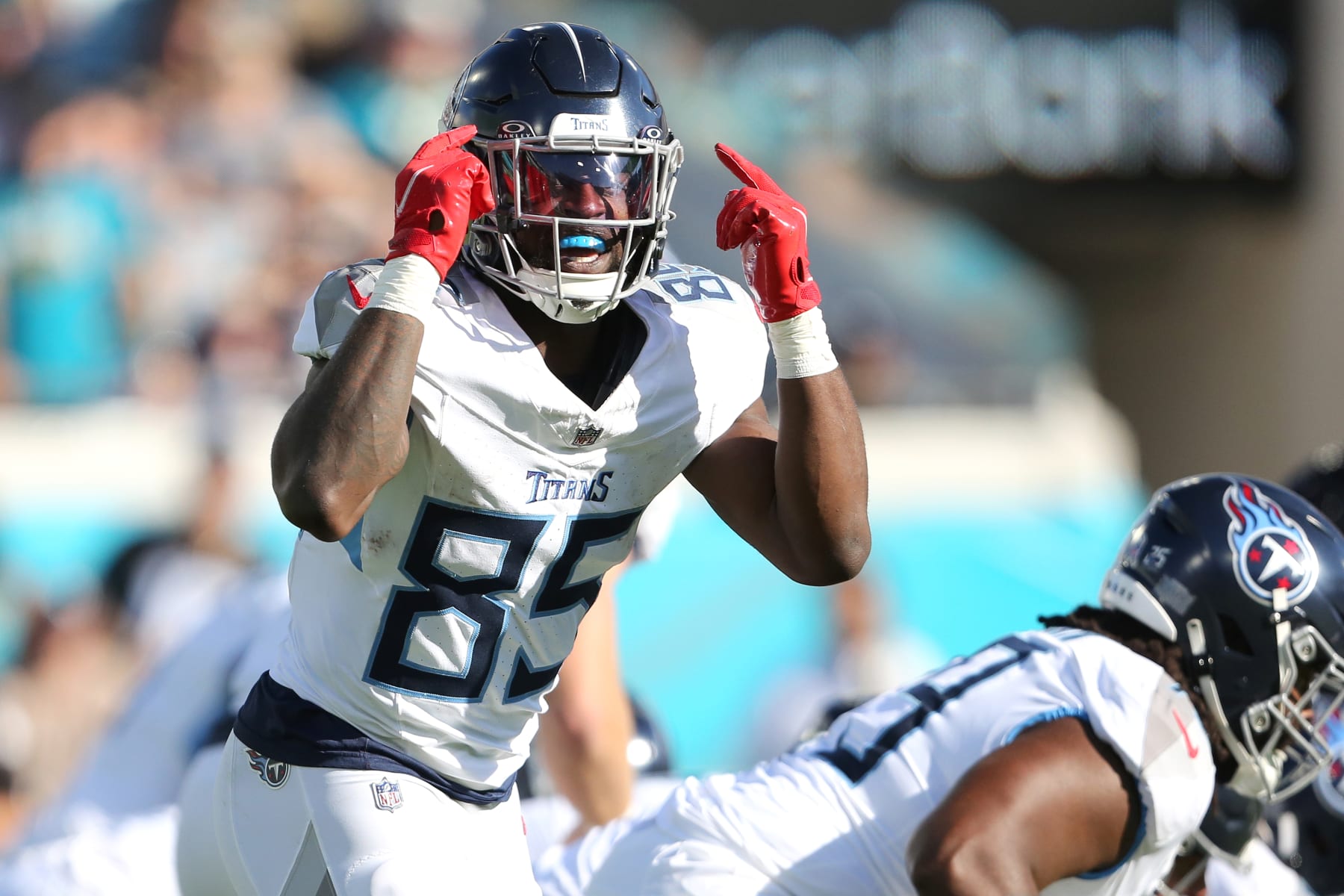JACKSONVILLE, FLORIDA - NOVEMBER 19: Chigoziem Okonkwo #85 of the Tennessee Titans in action during the second half of a game against the Jacksonville Jaguars at EverBank Stadium on November 19, 2023 in Jacksonville, Florida. (Photo by Courtney Culbreath/Getty Images)