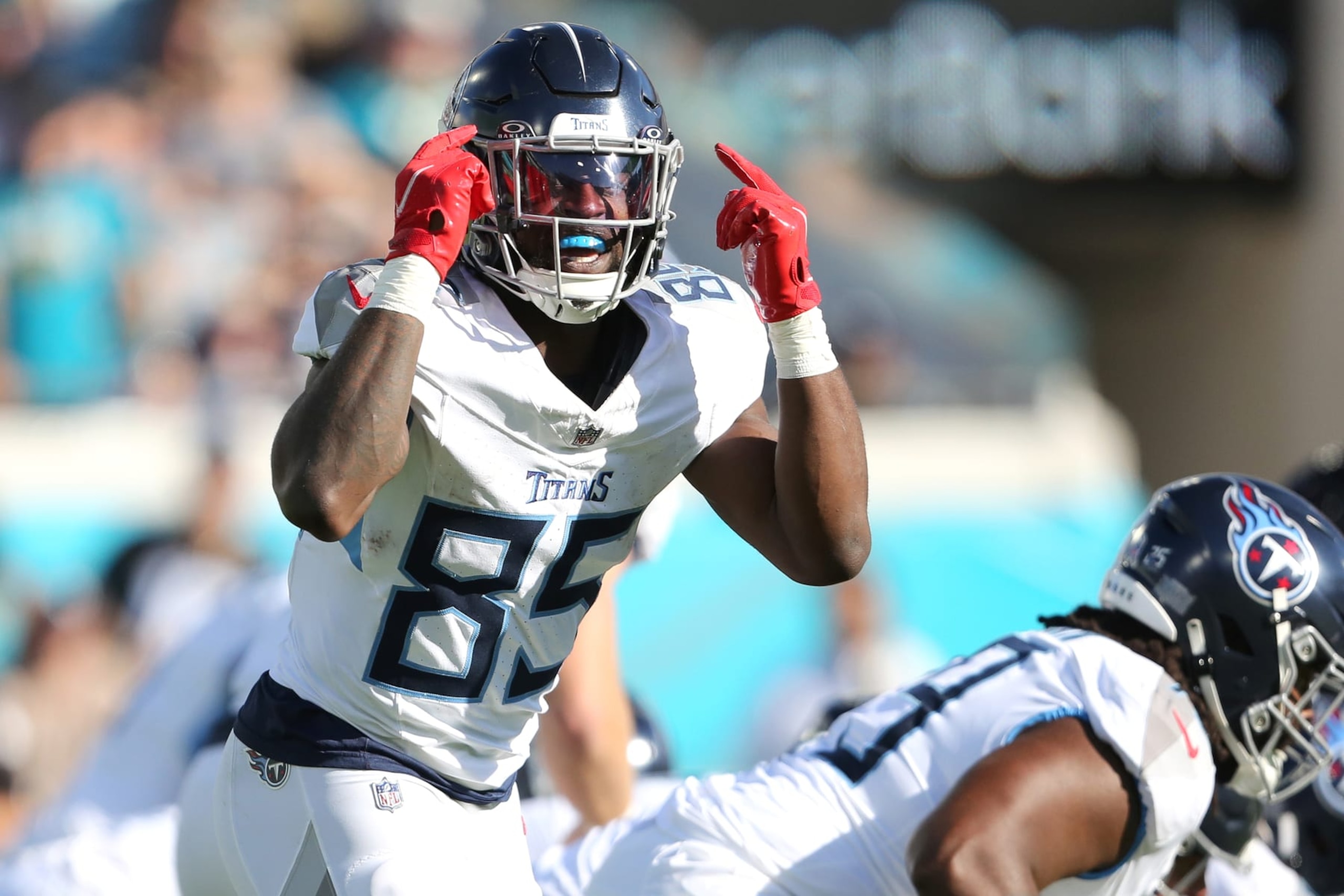 JACKSONVILLE, FLORIDA - NOVEMBER 19: Chigoziem Okonkwo #85 of the Tennessee Titans in action during the second half of a game against the Jacksonville Jaguars at EverBank Stadium on November 19, 2023 in Jacksonville, Florida. (Photo by Courtney Culbreath/Getty Images)