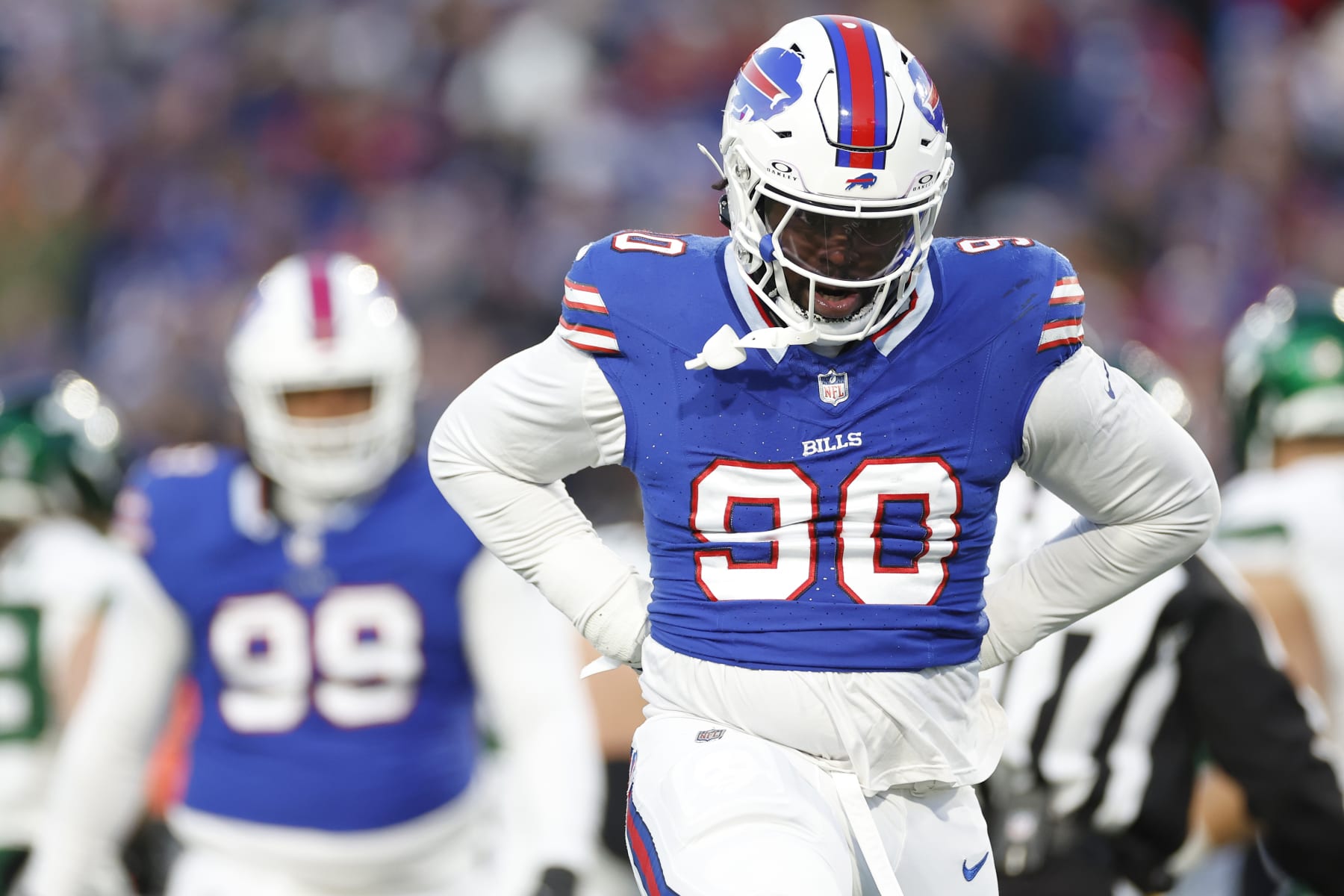 ORCHARD PARK, NEW YORK - NOVEMBER 19: Shaq Lawson #90 of the Buffalo Bills celebrates after recording a sack in the first quarter against the New York Jets at Highmark Stadium on November 19, 2023 in Orchard Park, New York. (Photo by Sarah Stier/Getty Images)