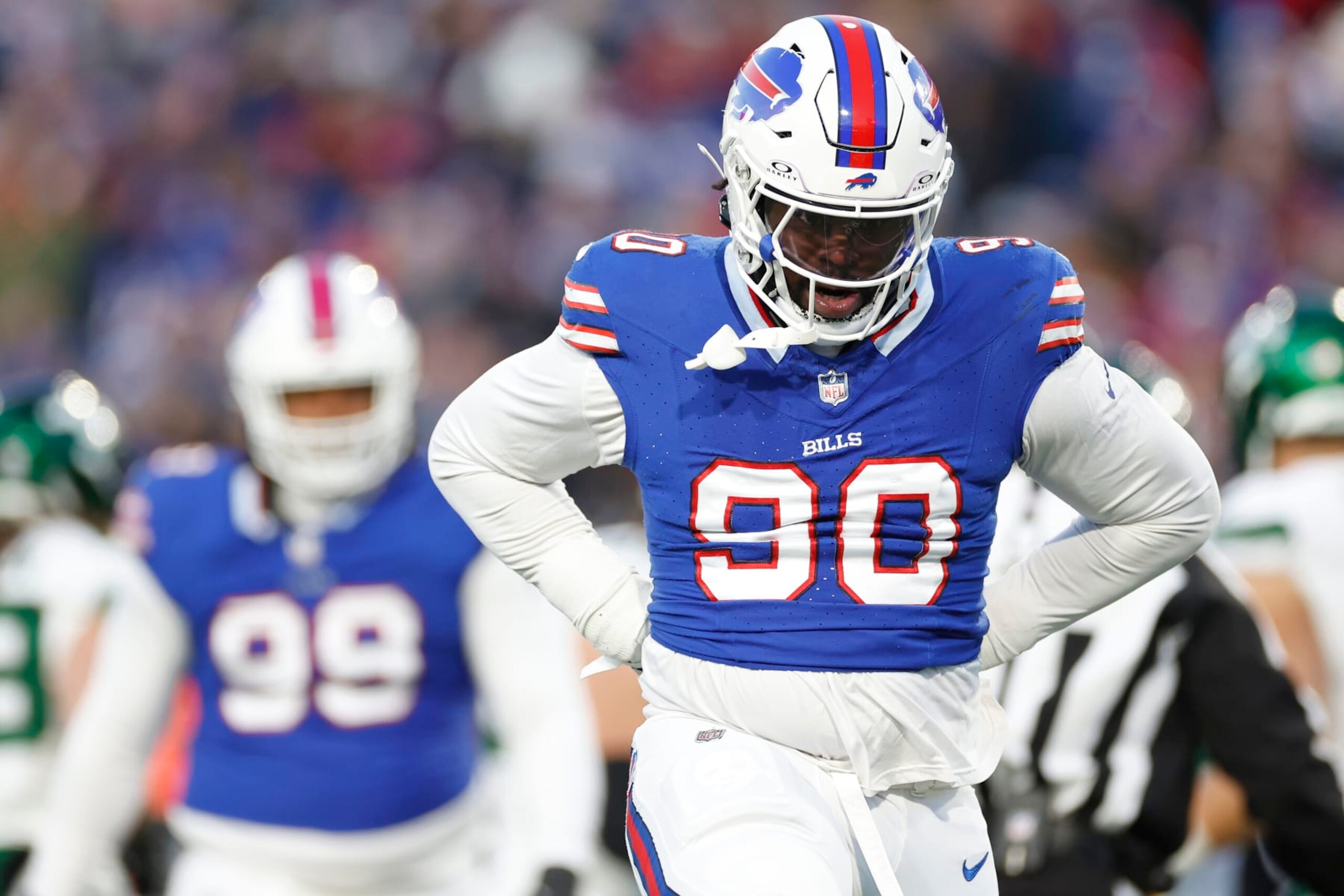 ORCHARD PARK, NEW YORK - NOVEMBER 19: Shaq Lawson #90 of the Buffalo Bills celebrates after recording a sack in the first quarter against the New York Jets at Highmark Stadium on November 19, 2023 in Orchard Park, New York. (Photo by Sarah Stier/Getty Images)
