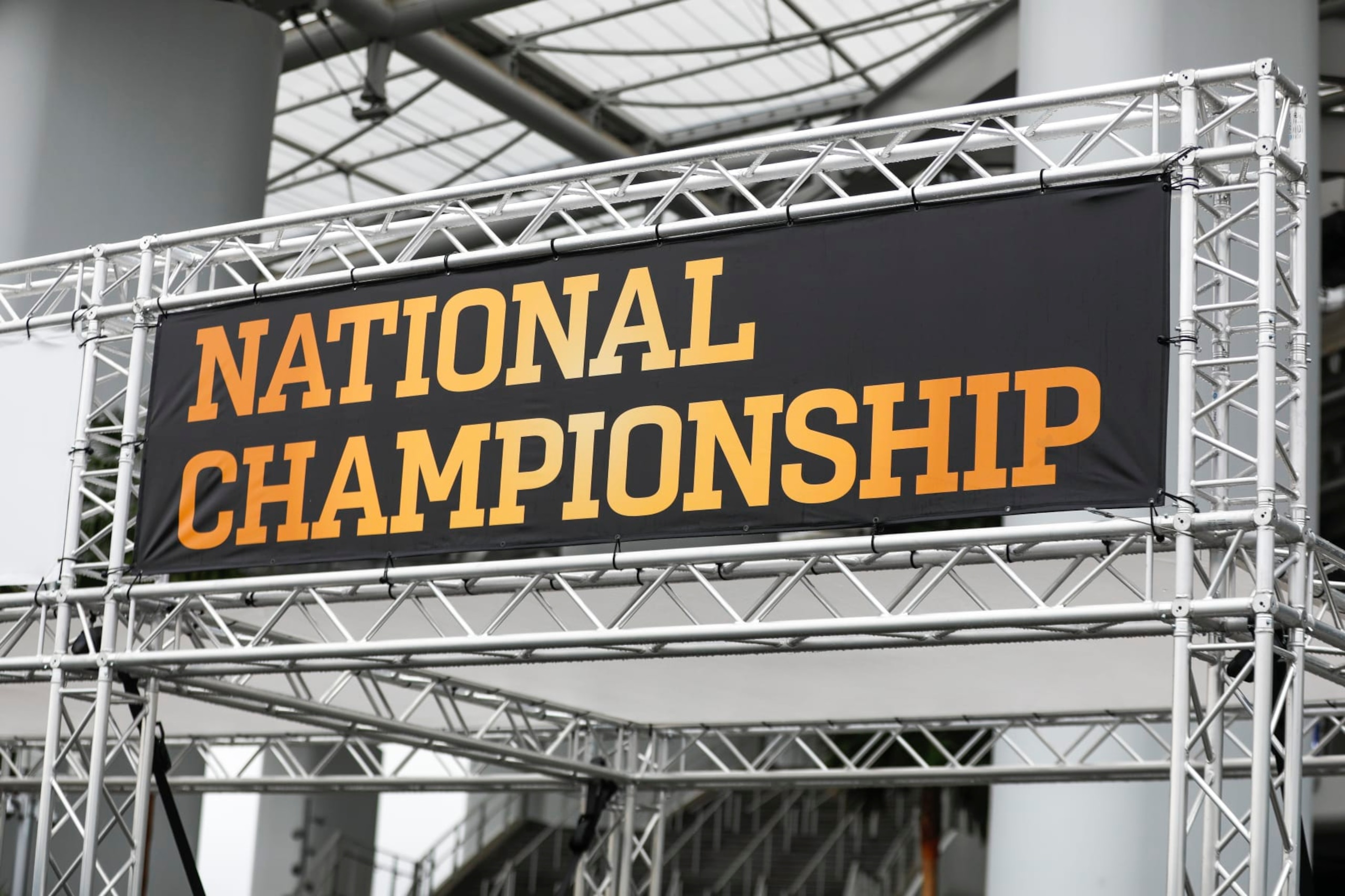 INGLEWOOD, CA - JANUARY 04: The College Football Playoff National Championship event logo is displayed during the week leading up to CFP National Championship game between the TCU Horned Frogs and the Georgia Bulldogs on January 04, 2023, at SoFi Stadium in Inglewood, CA. (Photo by Brandon Sloter/Icon Sportswire via Getty Images) INGLEWOOD, CA - JANUARY 04: The College Football Playoff National Championship event logo is displayed during the week leading up to CFP National Championship game between the TCU Horned Frogs and the Georgia Bulldogs on January 04, 2023, at SoFi Stadium in Inglewood, CA. (Photo by Brandon Sloter/Icon Sportswire via Getty Images)